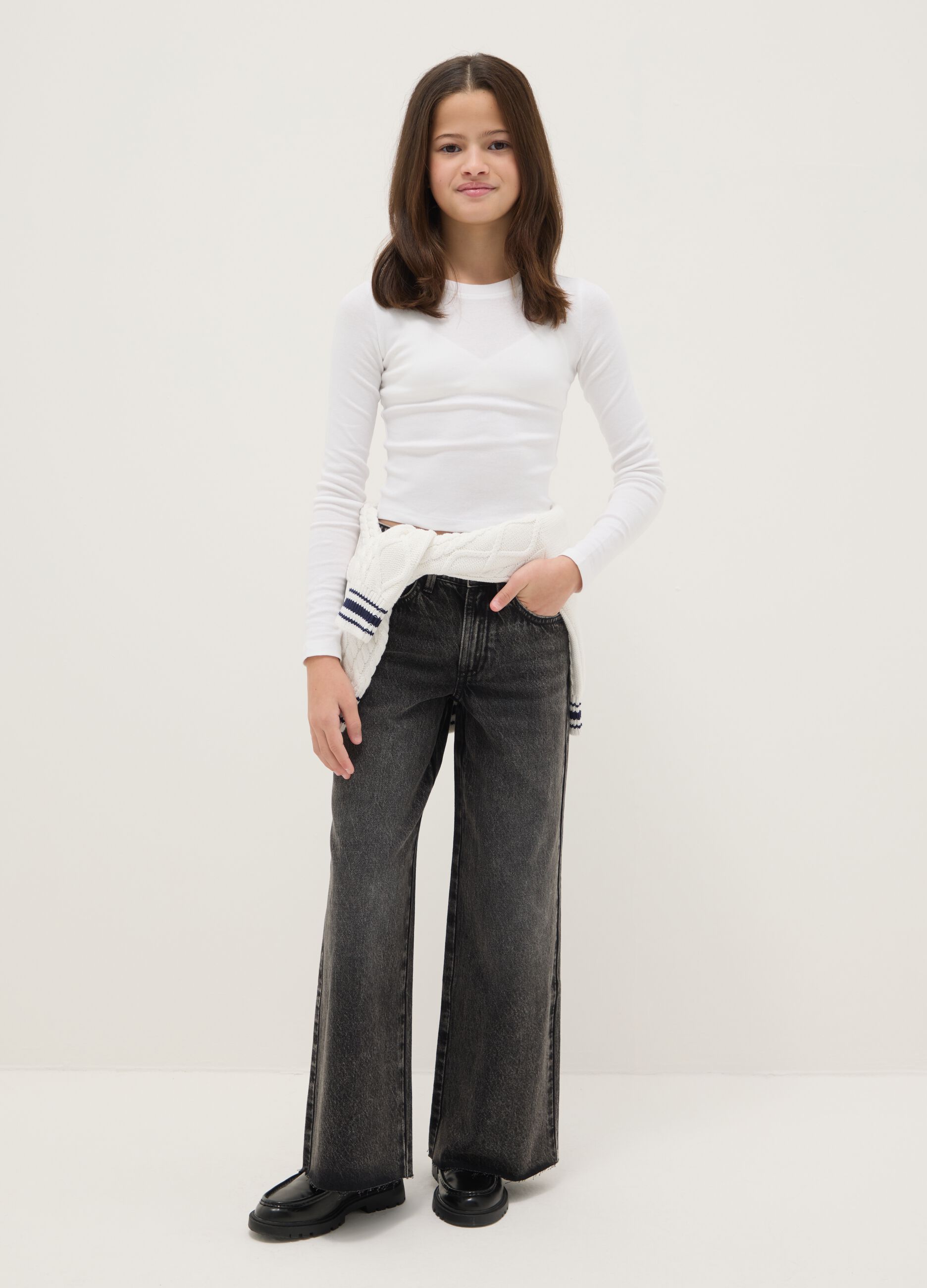 Girls' grey pure cotton wide leg jeans