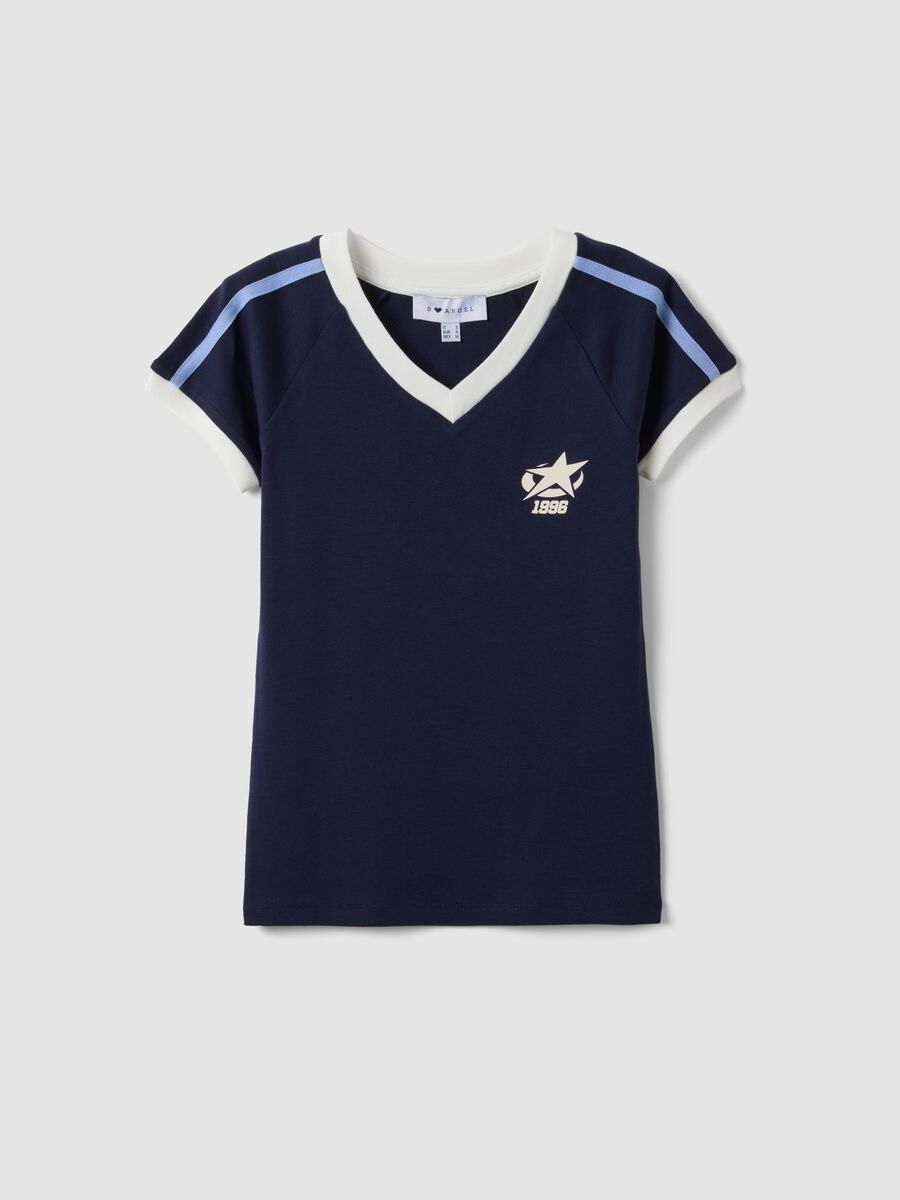 Blue pure cotton V-neck T-shirt with front print_0