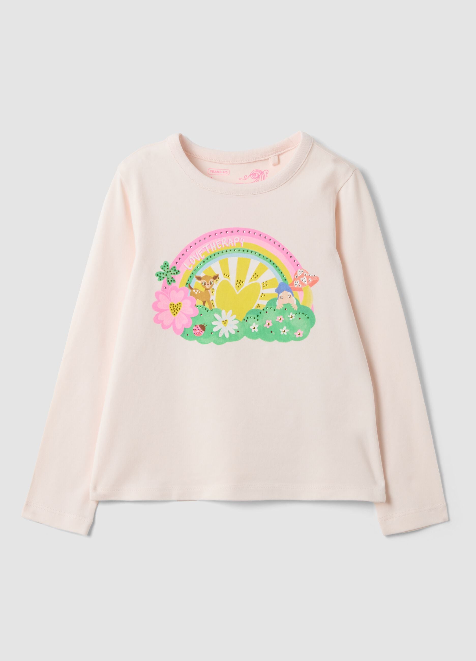 T-shirt rosa in cotone elasticizzato con stampa arcobaleno
