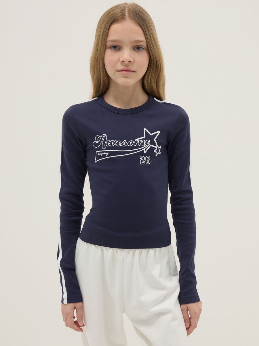 Slim fit blue stretch cotton T-shirt with stars for girls_0