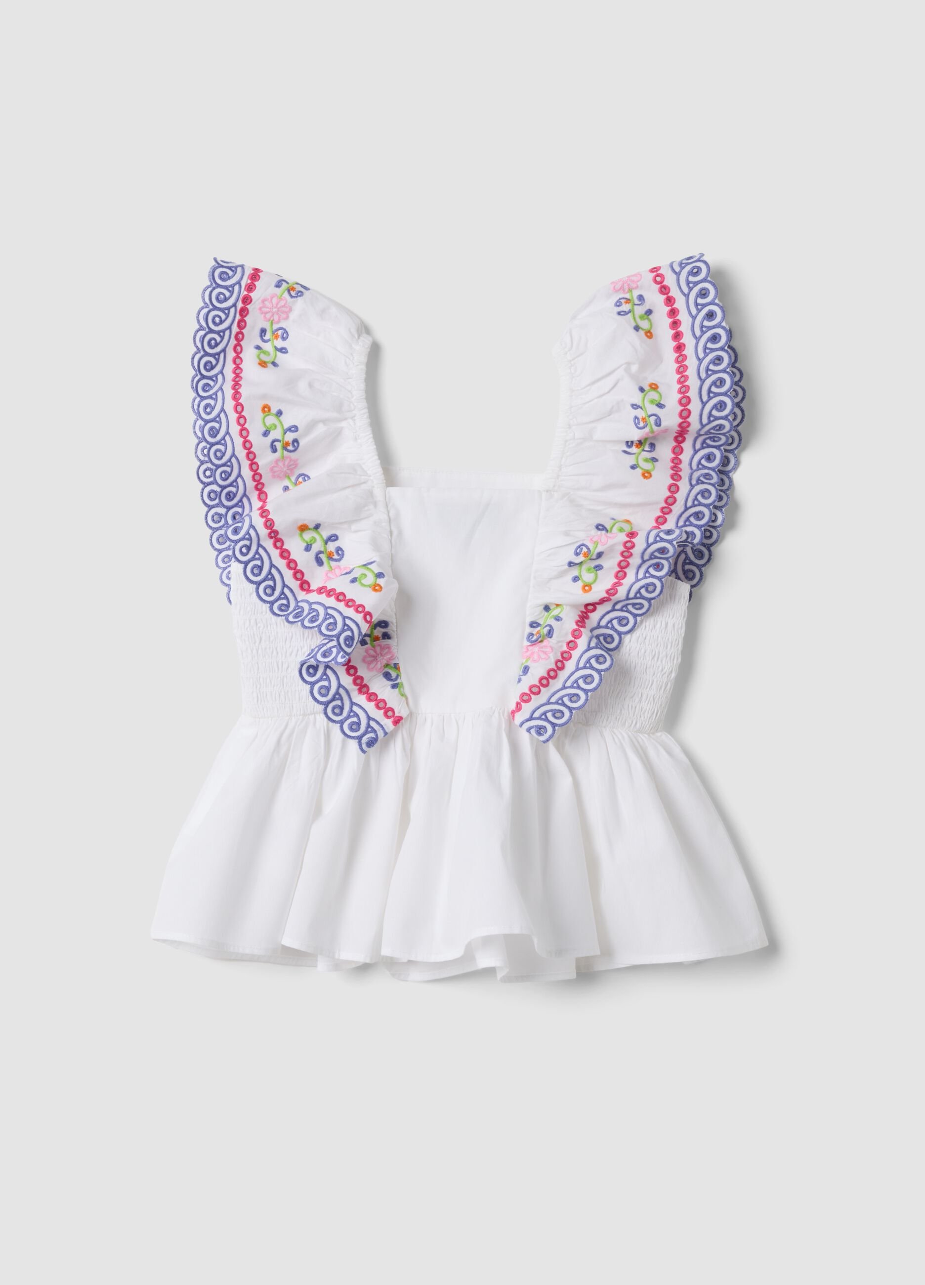 White pure cotton tank top with embroidered ruffle sleeves