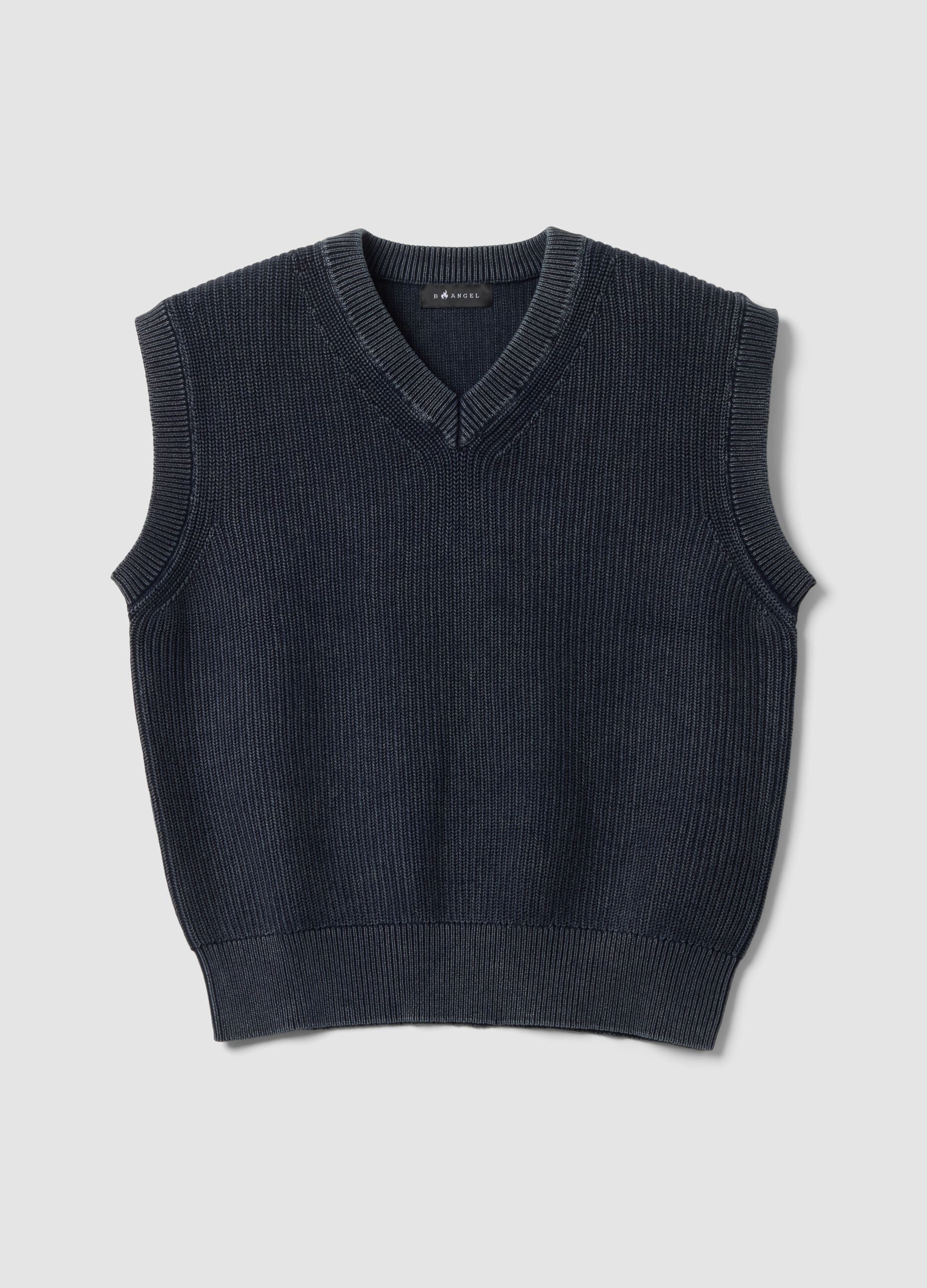 Blue cropped pure cotton vest with deep V-neck