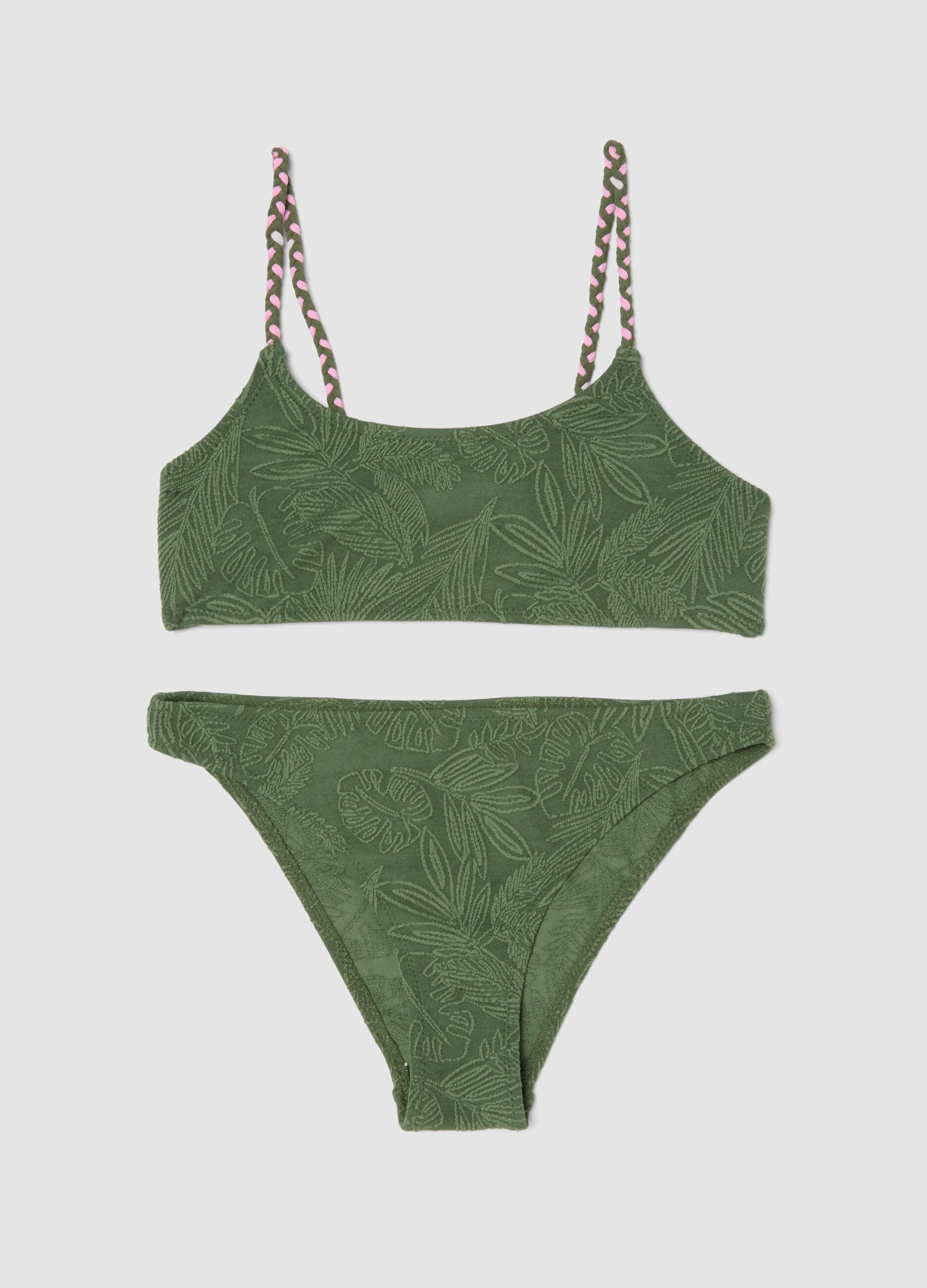 Green stretch bikini with foliage pattern