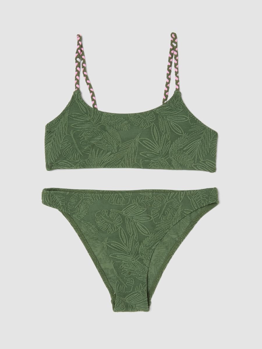 Green stretch bikini with foliage pattern_0