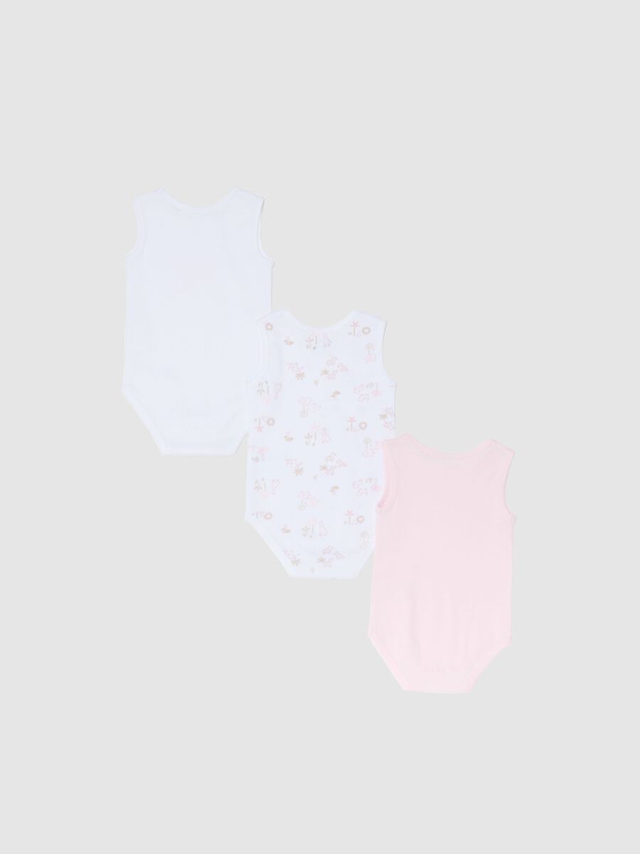 Pack of sleeveless bodysuits in pure multicolored cotton for baby girls_1