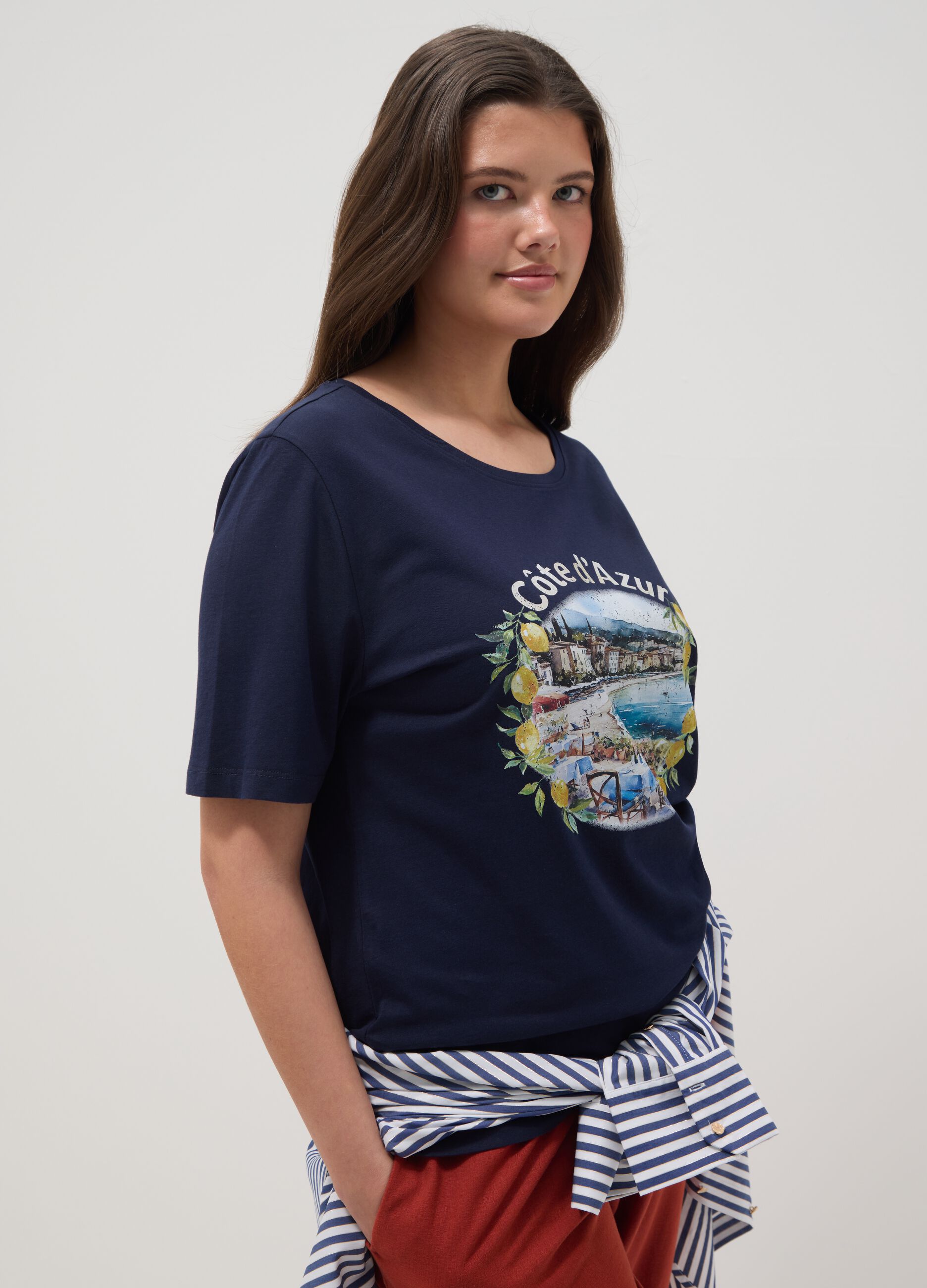 Blue pure cotton T-shirt regular fit with print