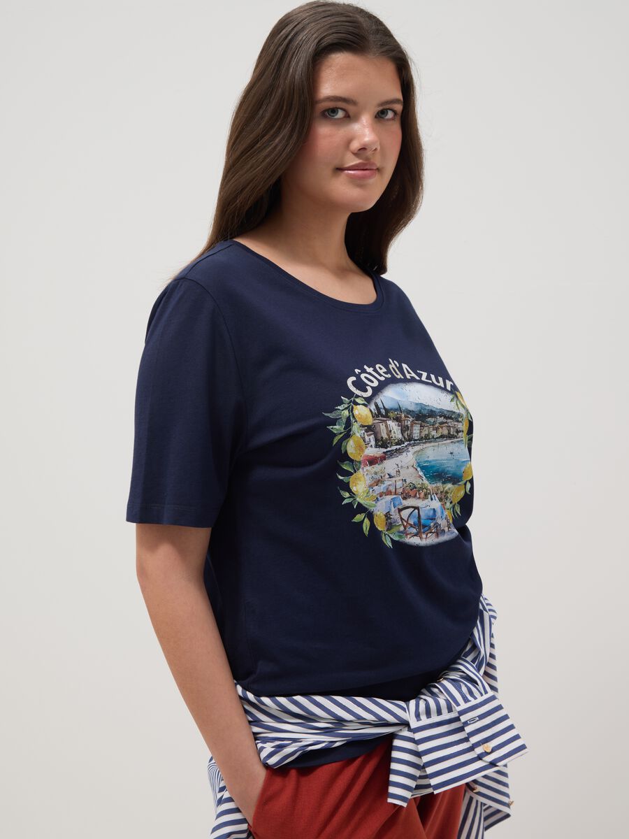 Blaue T-Shirt aus reiner Baumwolle, regul&auml;re Passform mit Druck_0