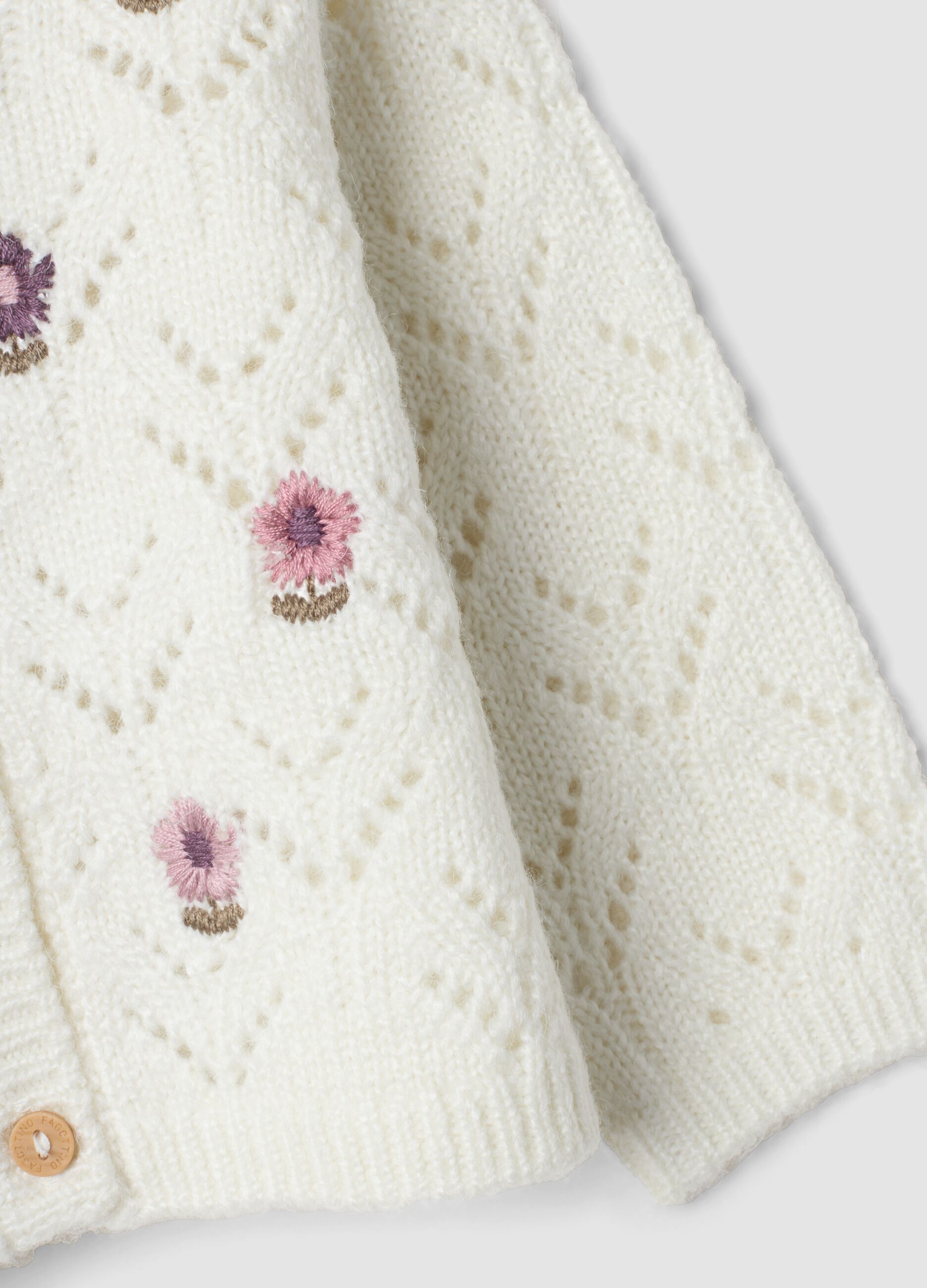 Cardigan bianco in maglia traforata con girocollo