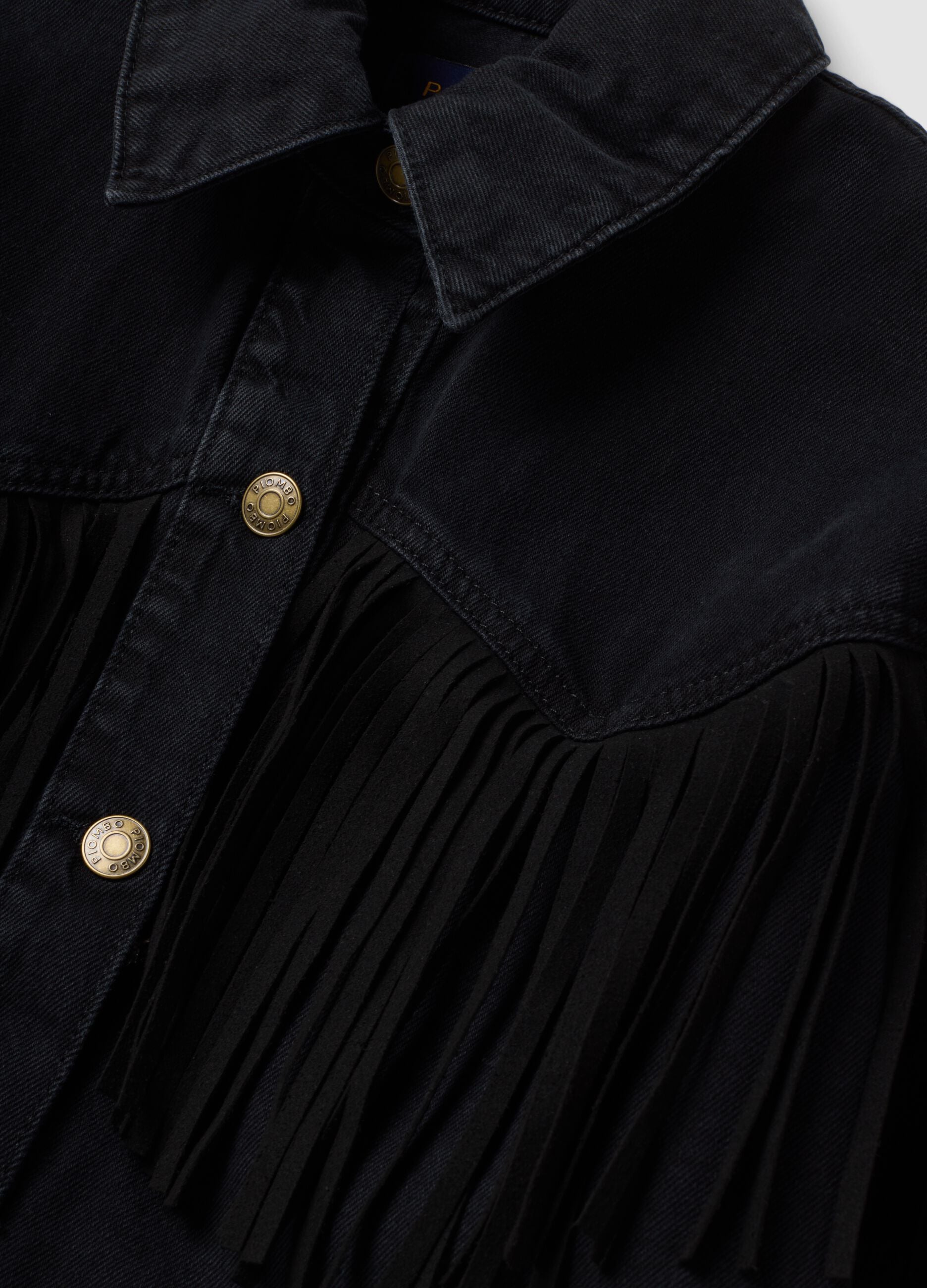 Giacca nera in denim di puro cotone con frange