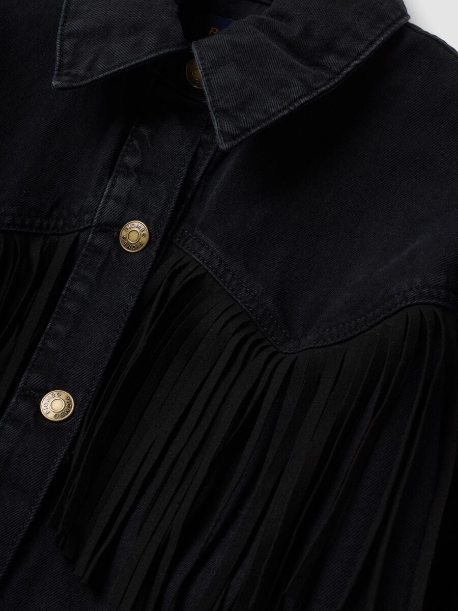 Giacca nera in denim di puro cotone con frange_5