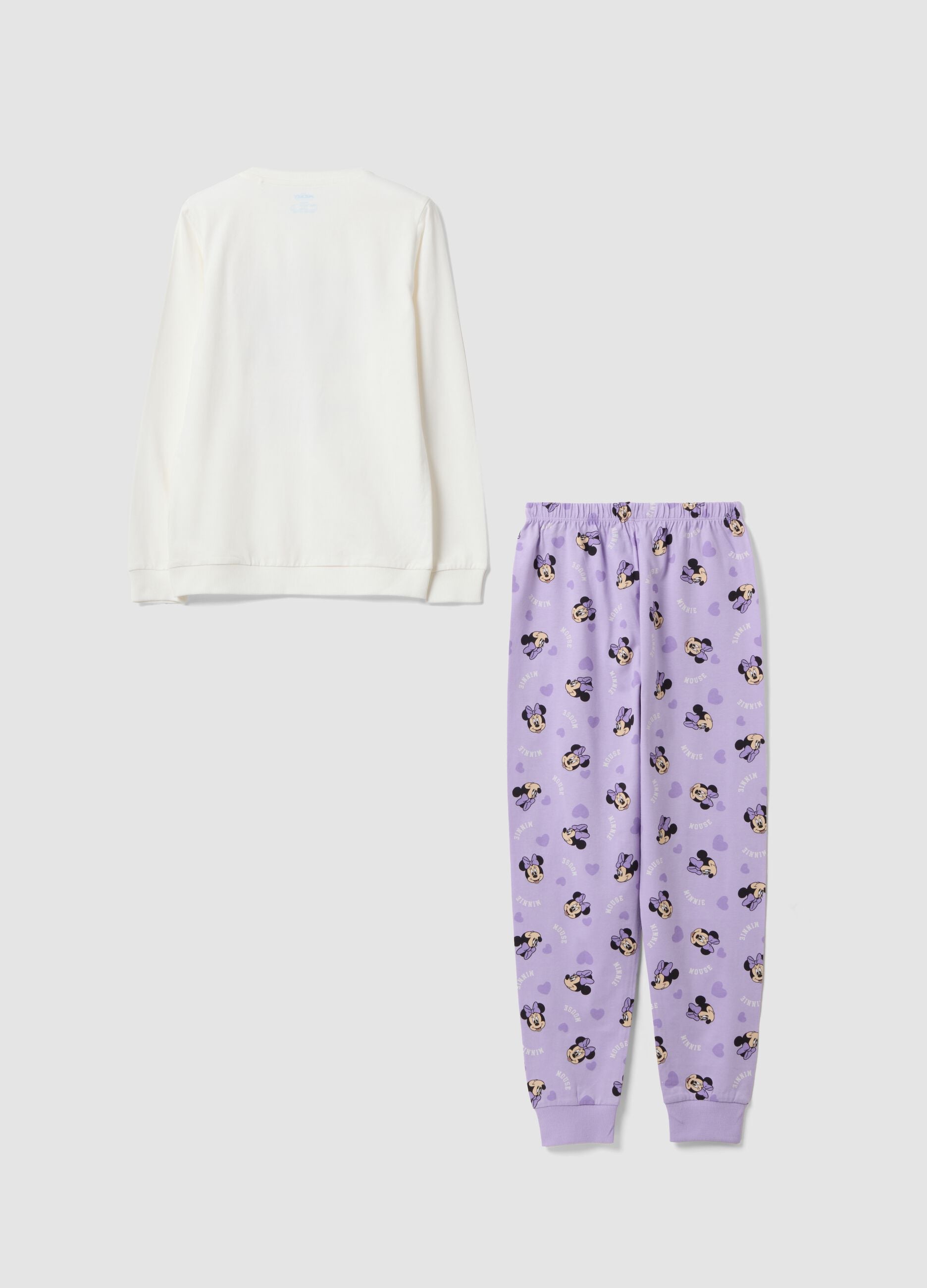 Pijama branco e roxo em puro algod&atilde;o org&acirc;nico com padr&atilde;o da Minnie