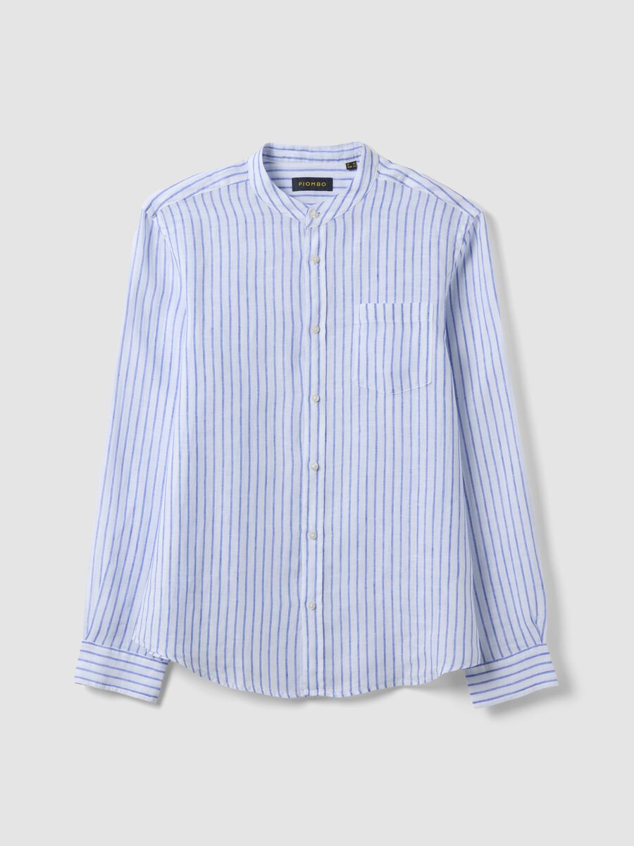 Hellblaues, gestreiftes Hemd aus reinem Leinen mit Stehkragen, Regular Fit_4