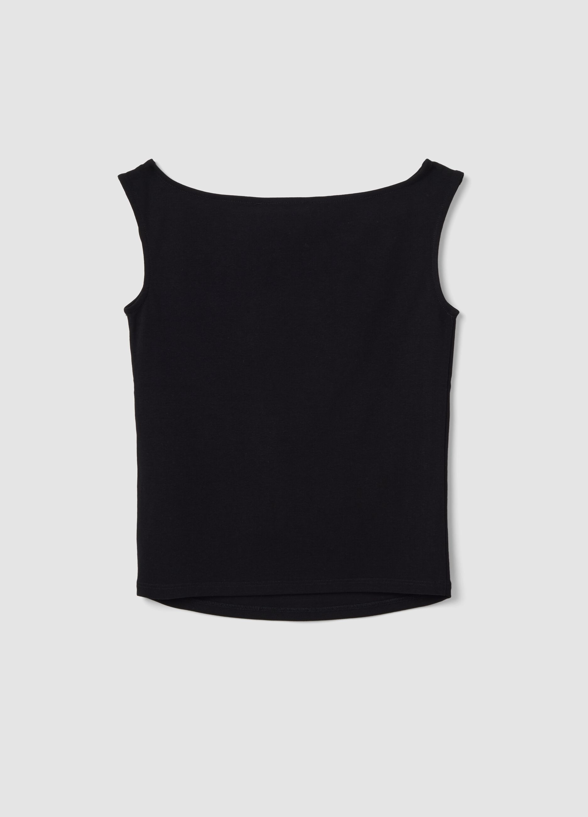 Black stretch cotton top with metal eyelets, regular fit