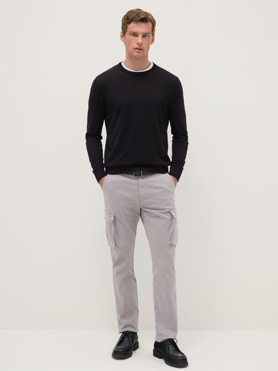 Grey slim fit stretch cotton cargo trousers_0