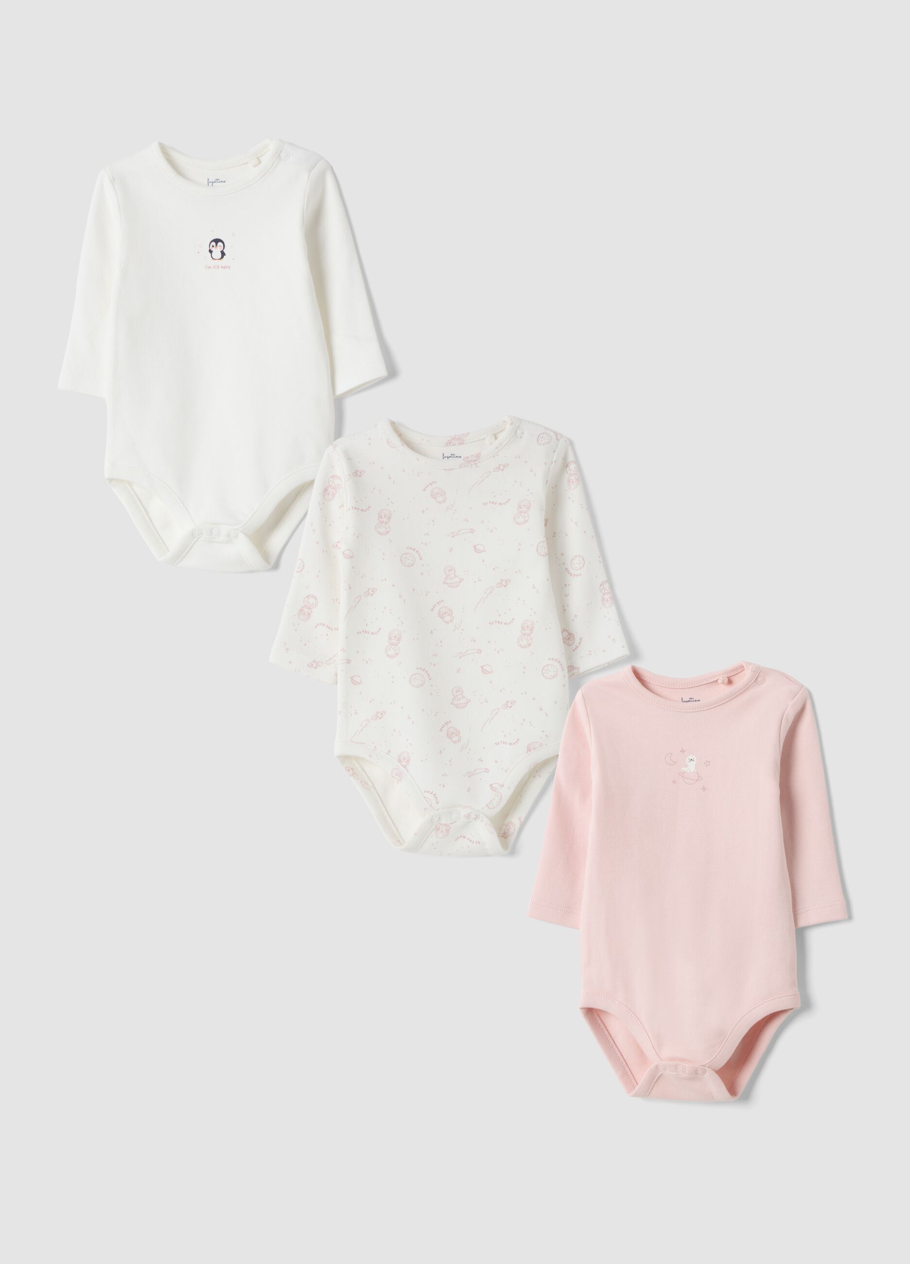 Tripack body rosa e bianchi in puro cotone organico a girocollo