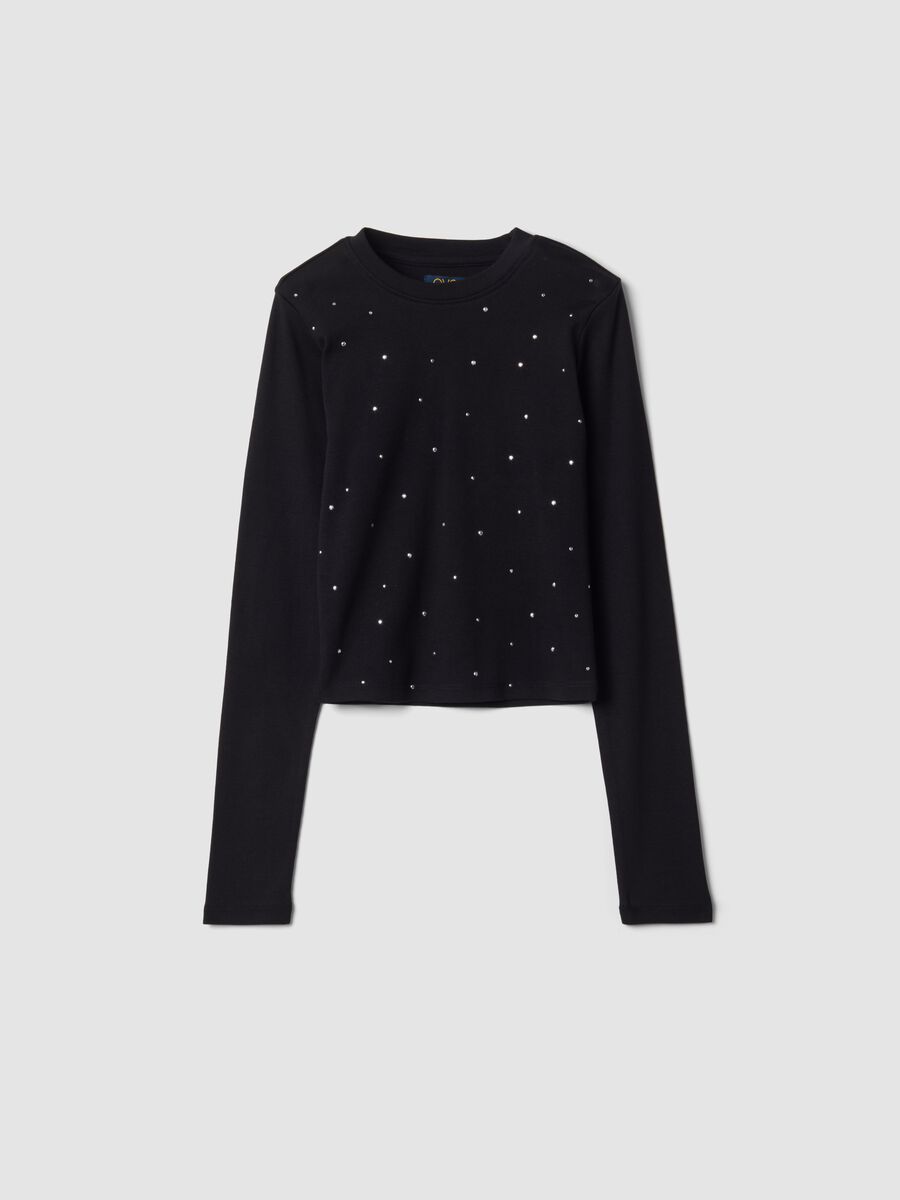 T-shirt nera in cotone elasticizzato con collo a costine slim fit_0