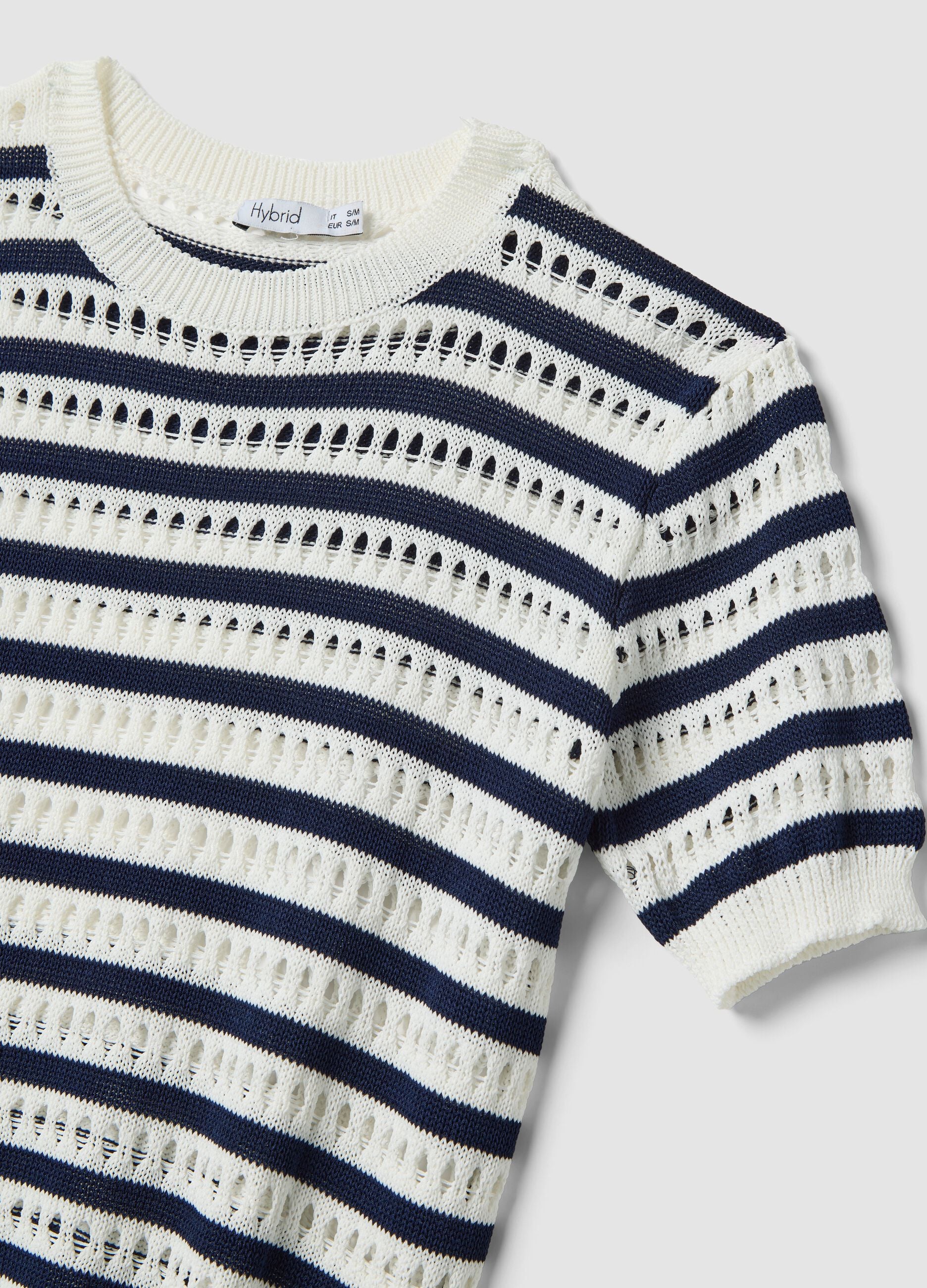 White and blue striped regular-fit openwork viscose-blend T-shirt