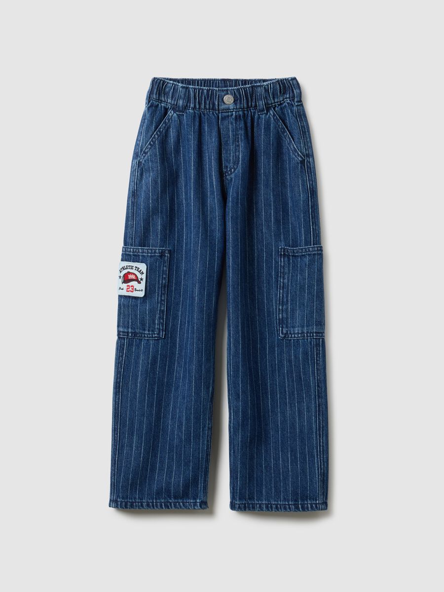 Children's relaxed fit striped blue cotton blend cargo trousers_0