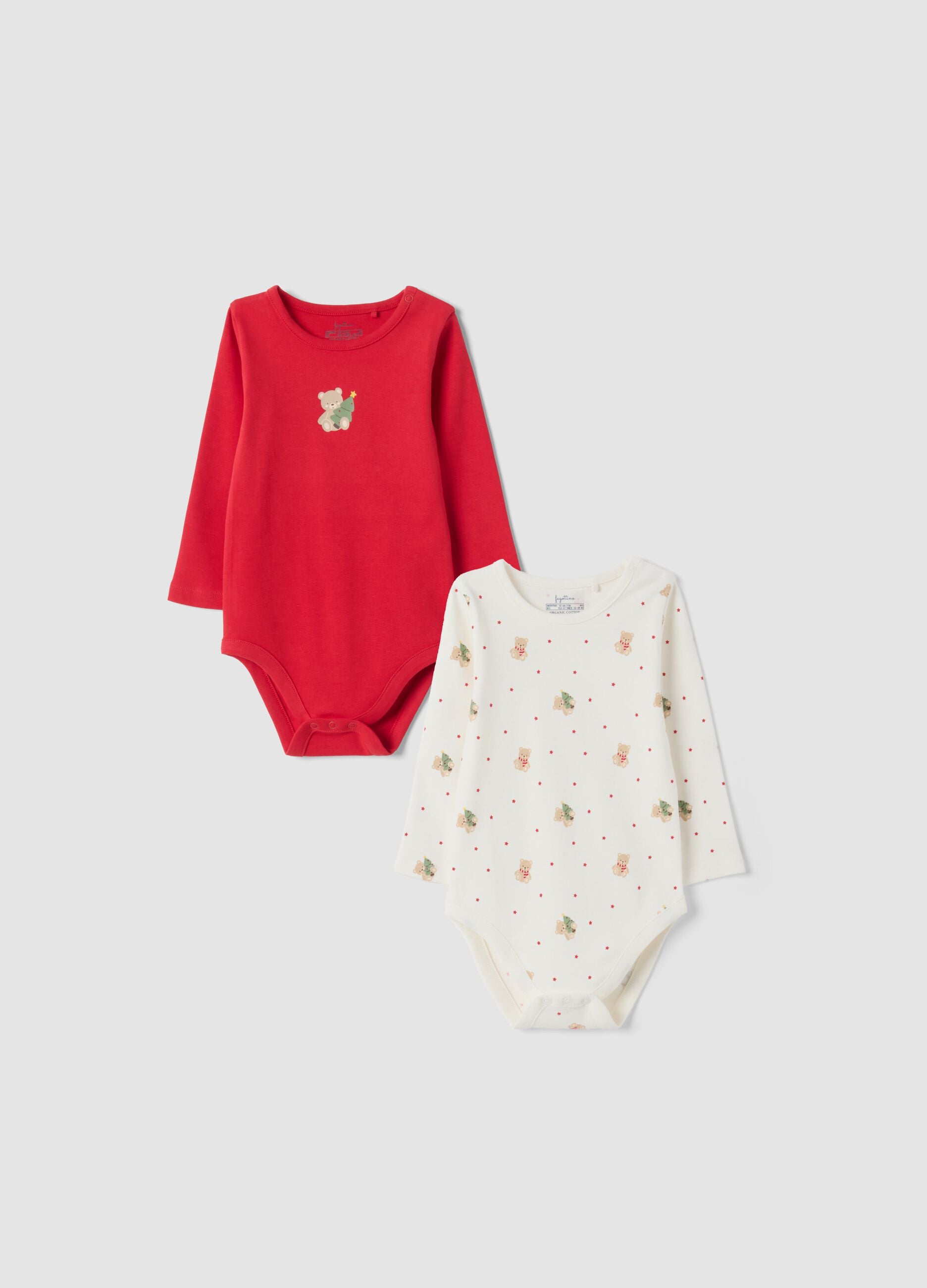 2-pack baby bodysuits in red and off-white organic cotton with print