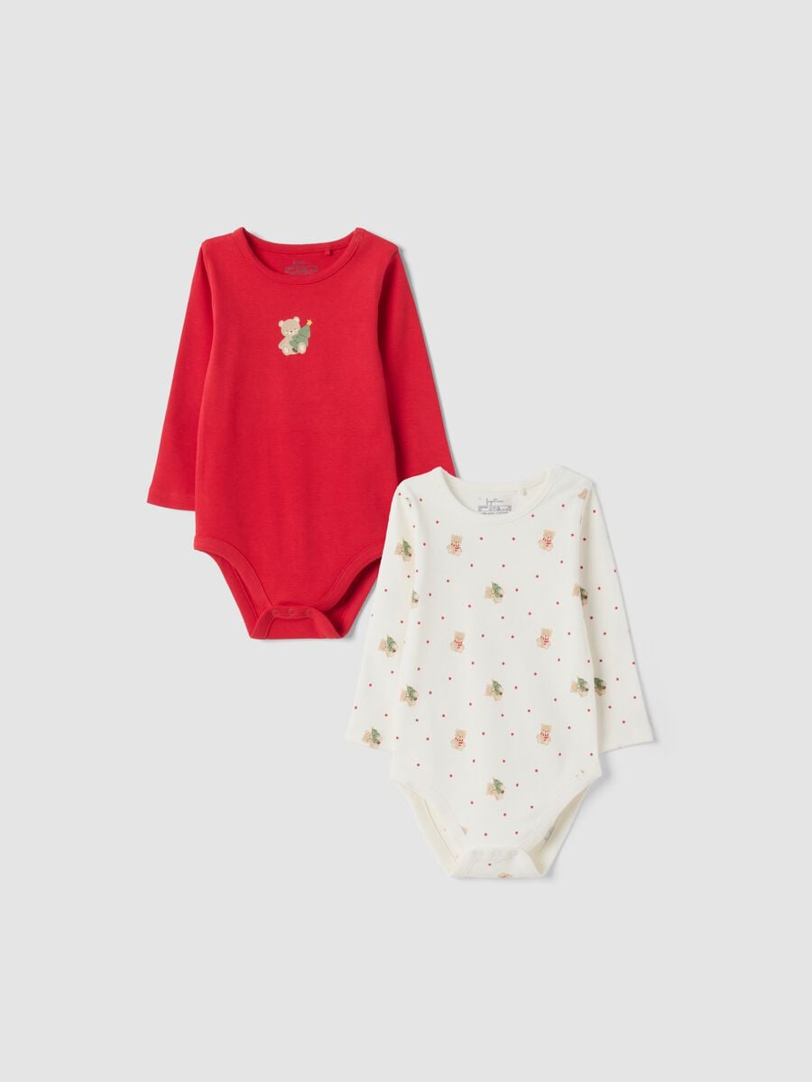 2-pack baby bodysuits in red and off-white organic cotton with print_0