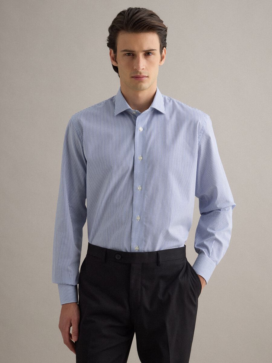 Men's pure cotton blue and white striped regular fit easy iron shirt_1