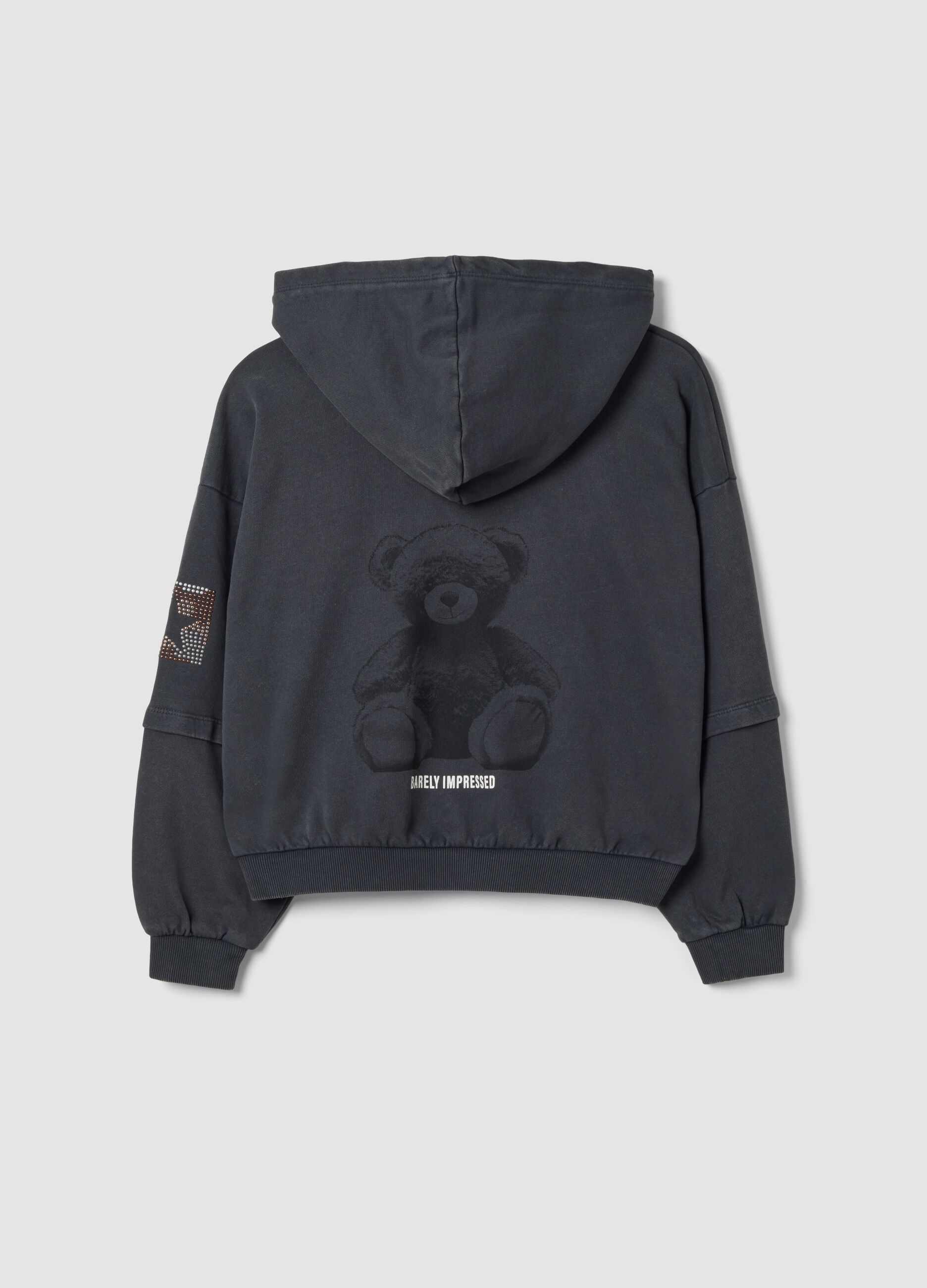 Sweatshirt com capuz cinzento-escuro em algod&atilde;o puro, corte oversize, com ursinho