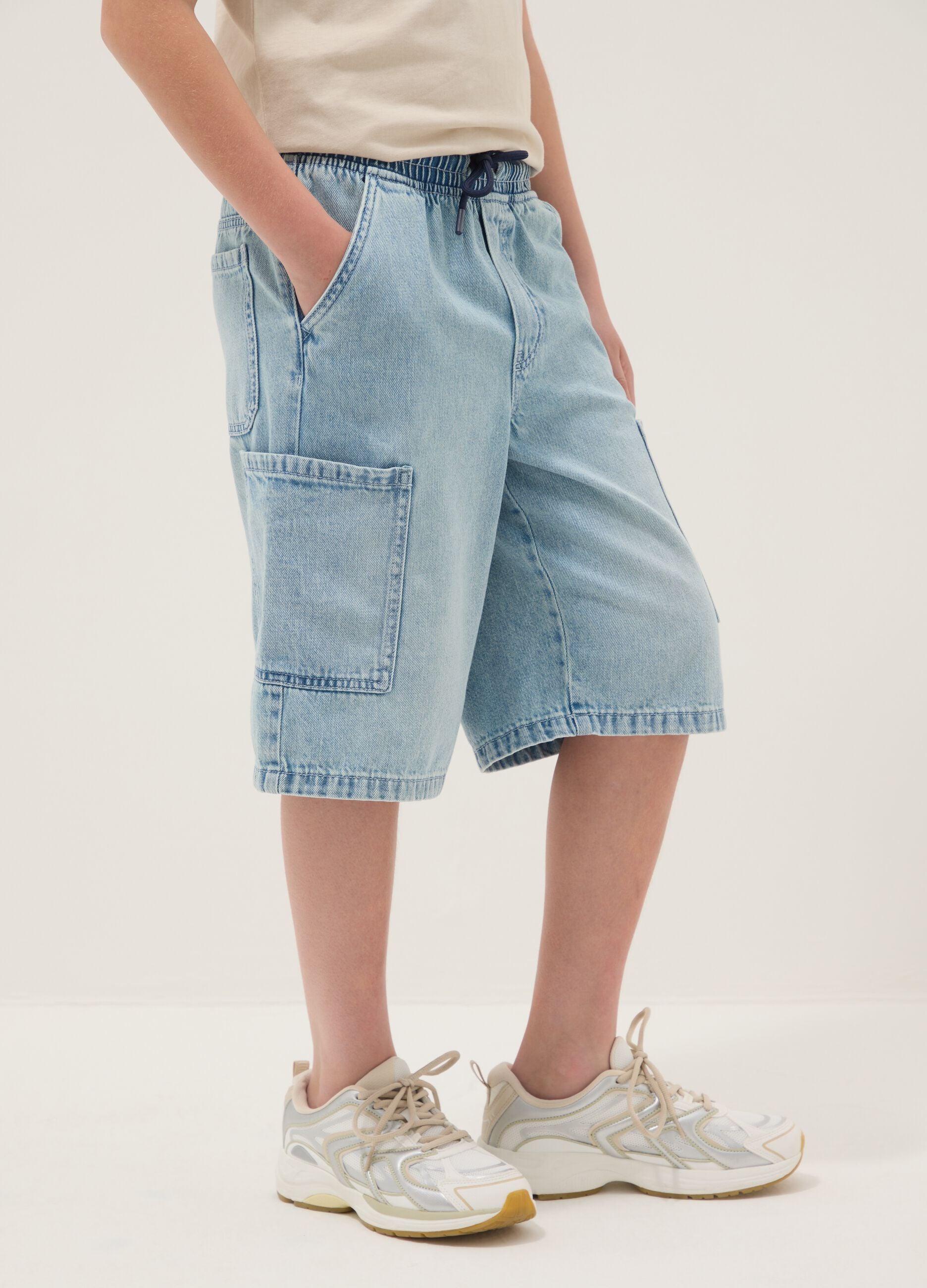Boys' light blue baggy denim shorts in cotton blend, regular fit