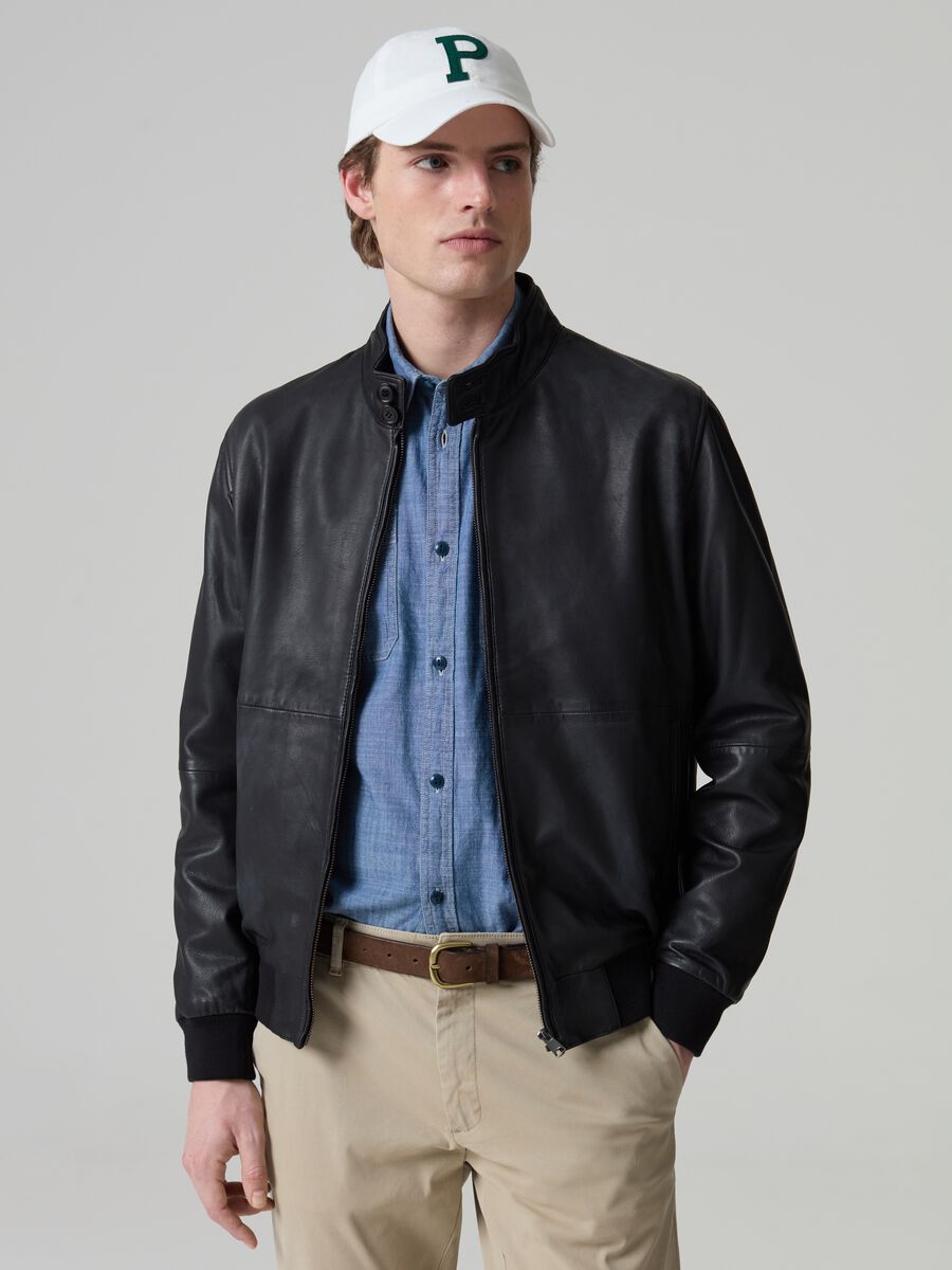 Leather bomber jacket with high neck_0