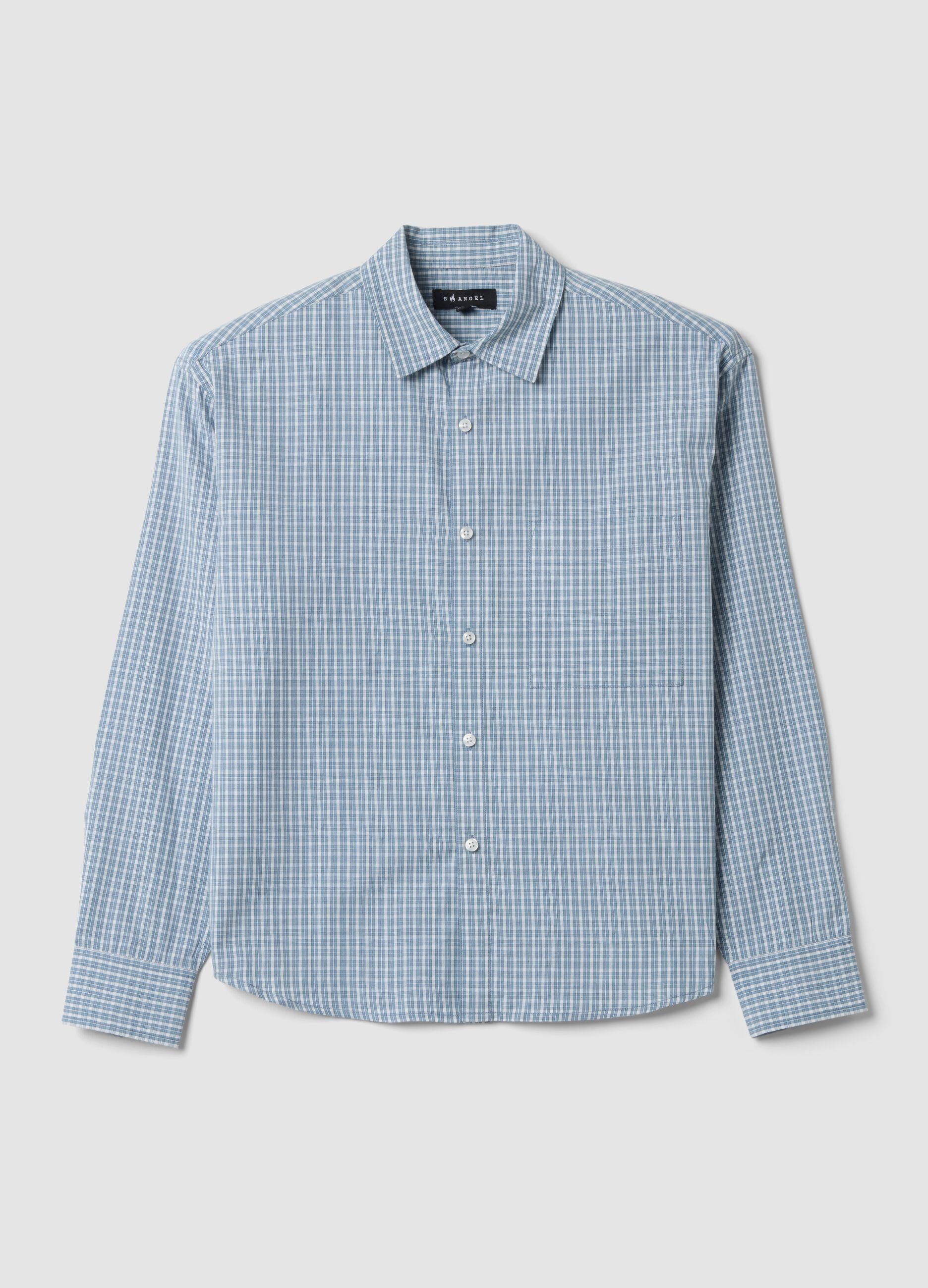 Blue checked pure cotton poplin shirt, cropped oversized fit