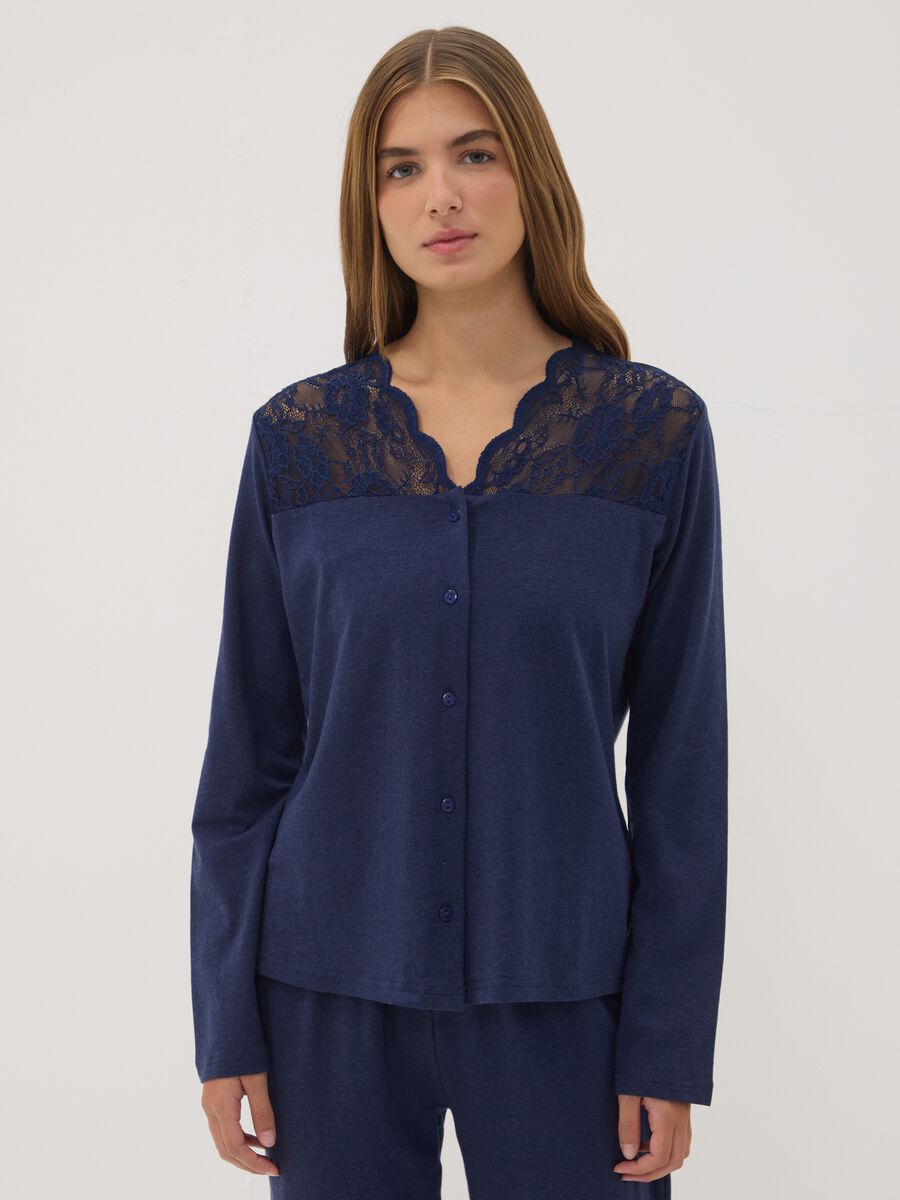 Blue V-neck pyjama top in stretchy cotton, lyocell and wool_1