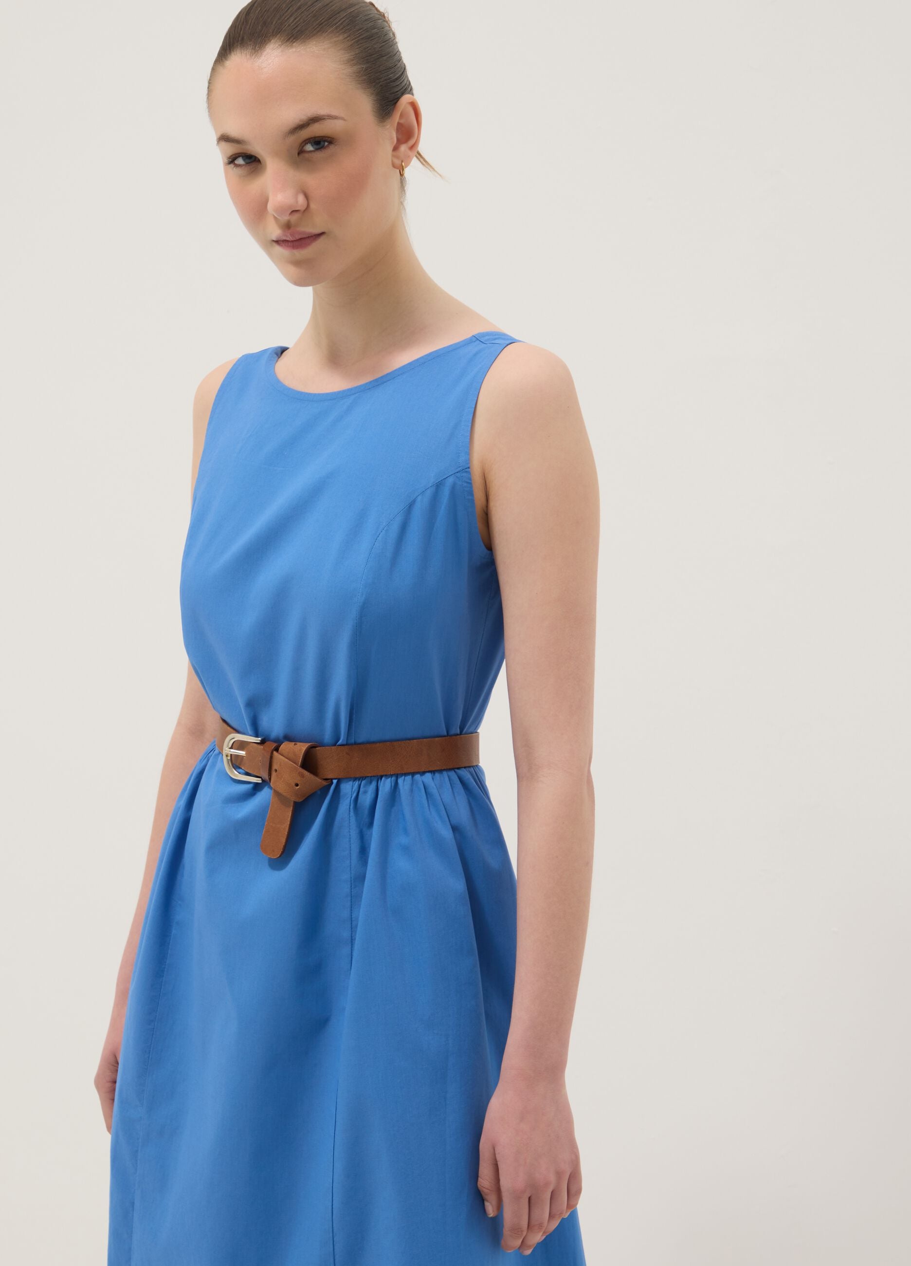 Blue pure cotton dress with boat neckline