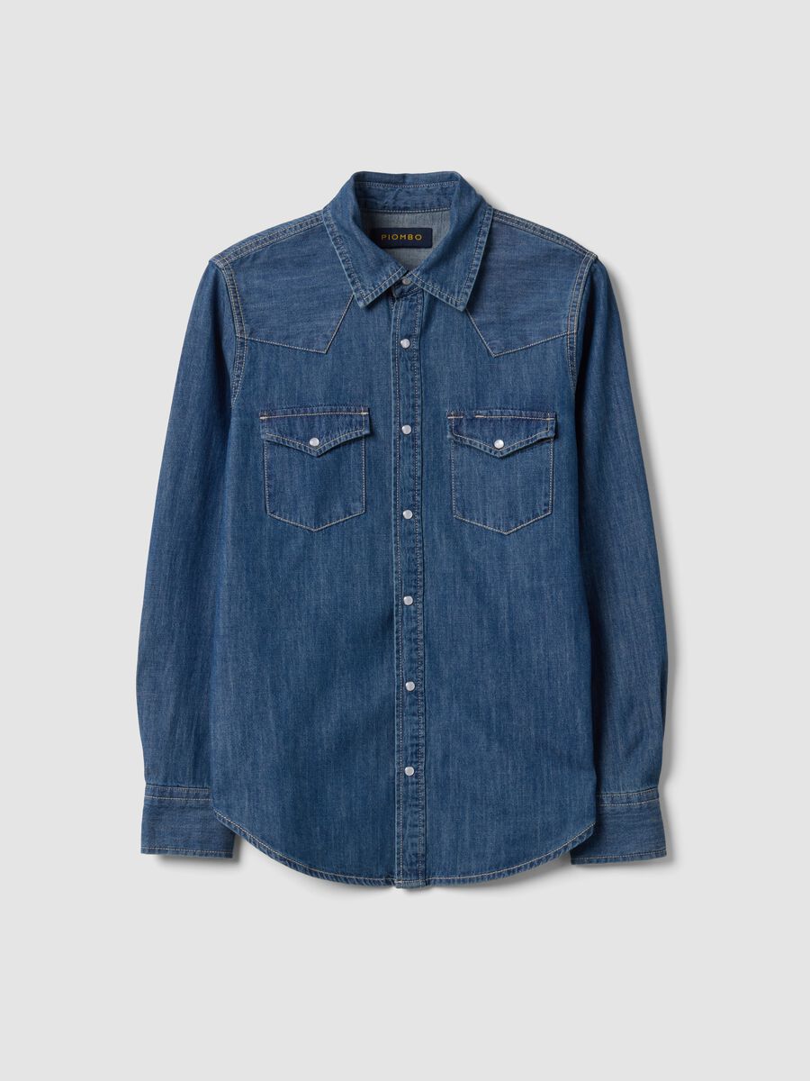 Camisa azul em ganga de algod&atilde;o puro, corte regular_0