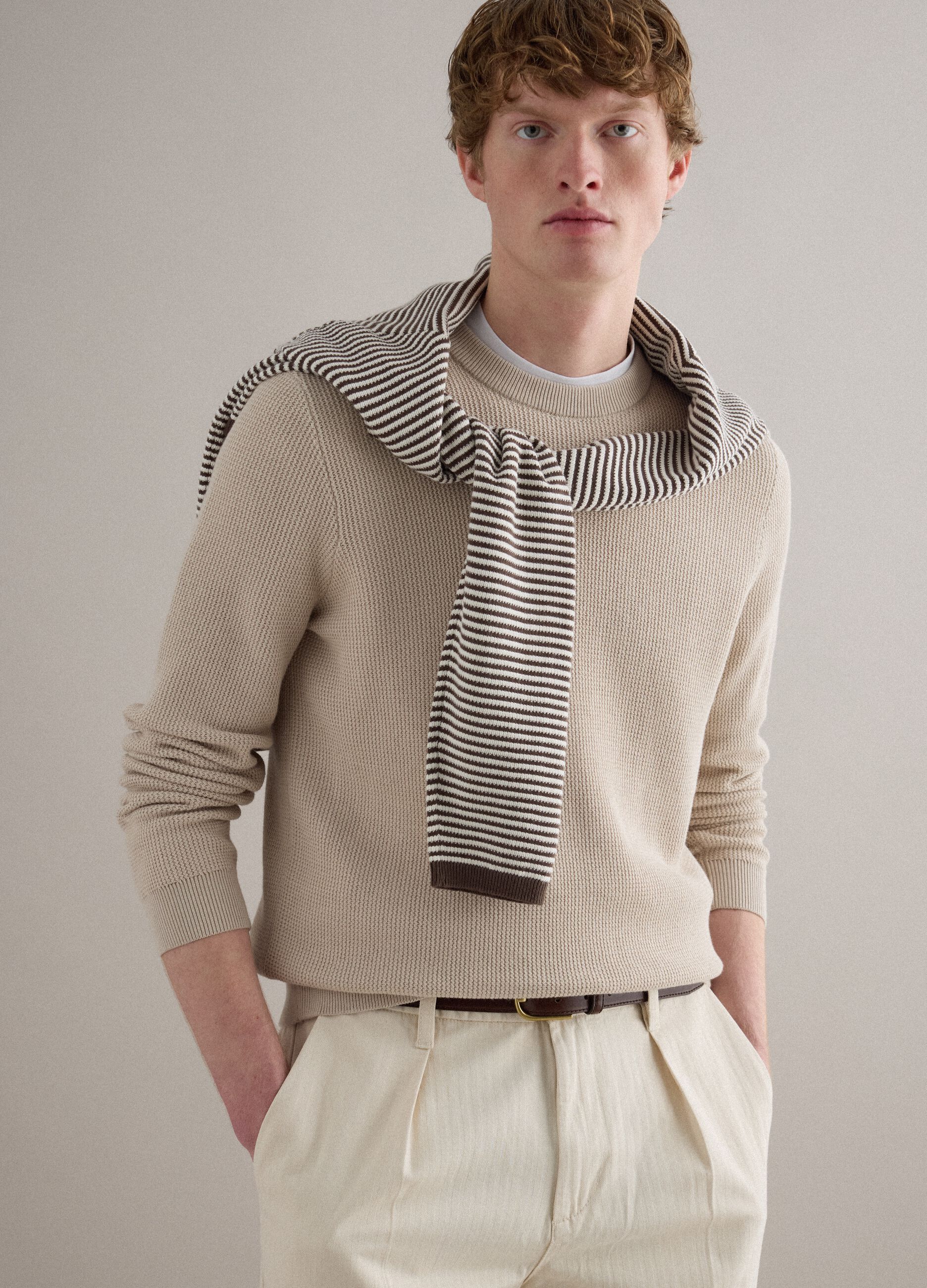 Beige pure cotton crew neck sweater regular fit