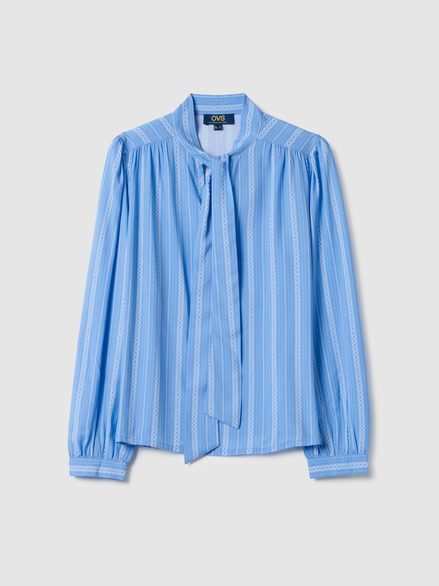 Light blue pure viscose shirt with bow and striped pattern_4