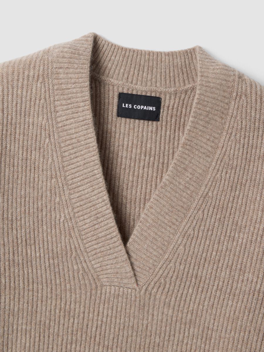 Beige marl pure cashmere deep V-neck oversized jumper_1