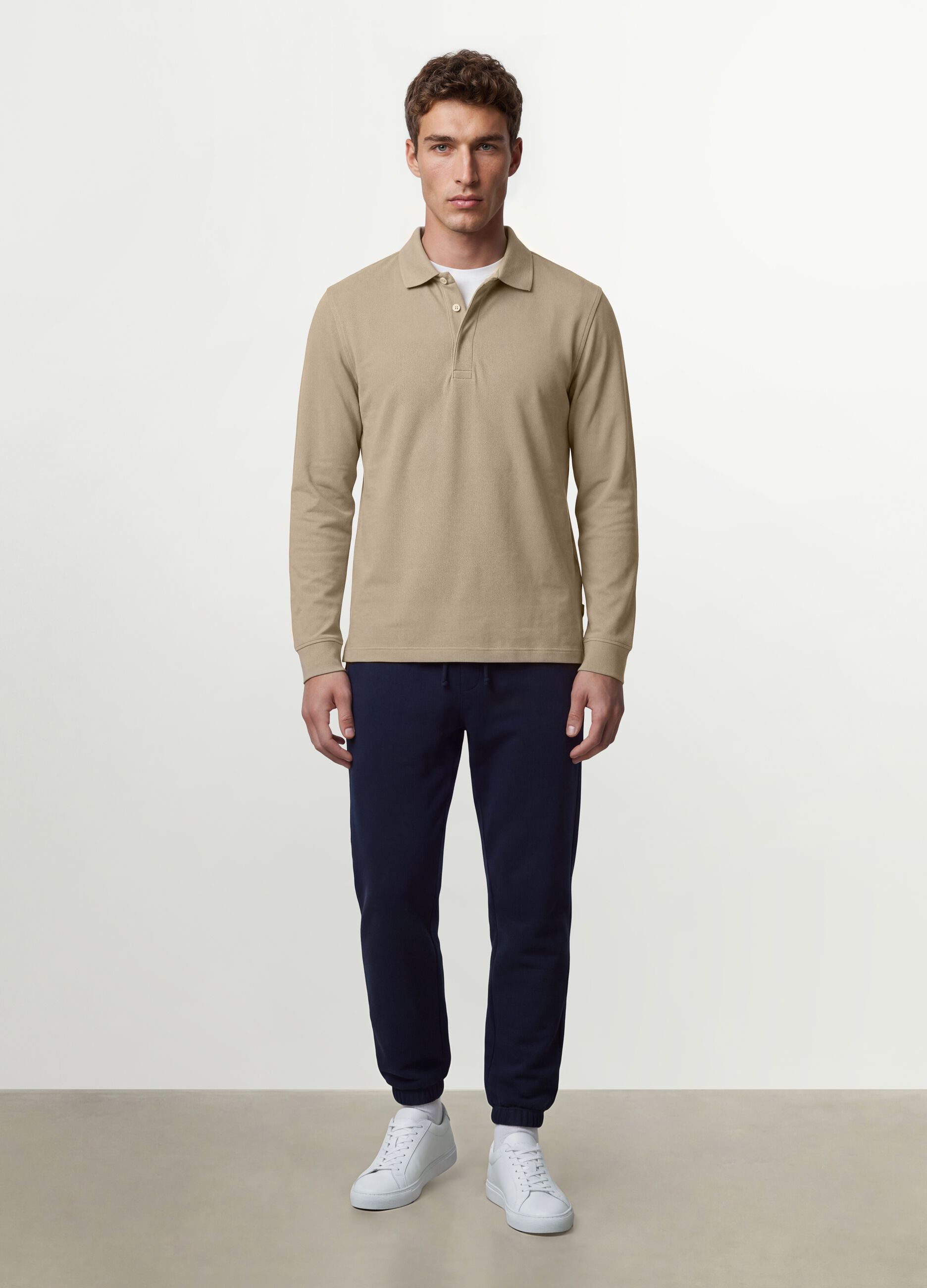 Grey long-sleeve stretch-cotton polo shirt, regular fit