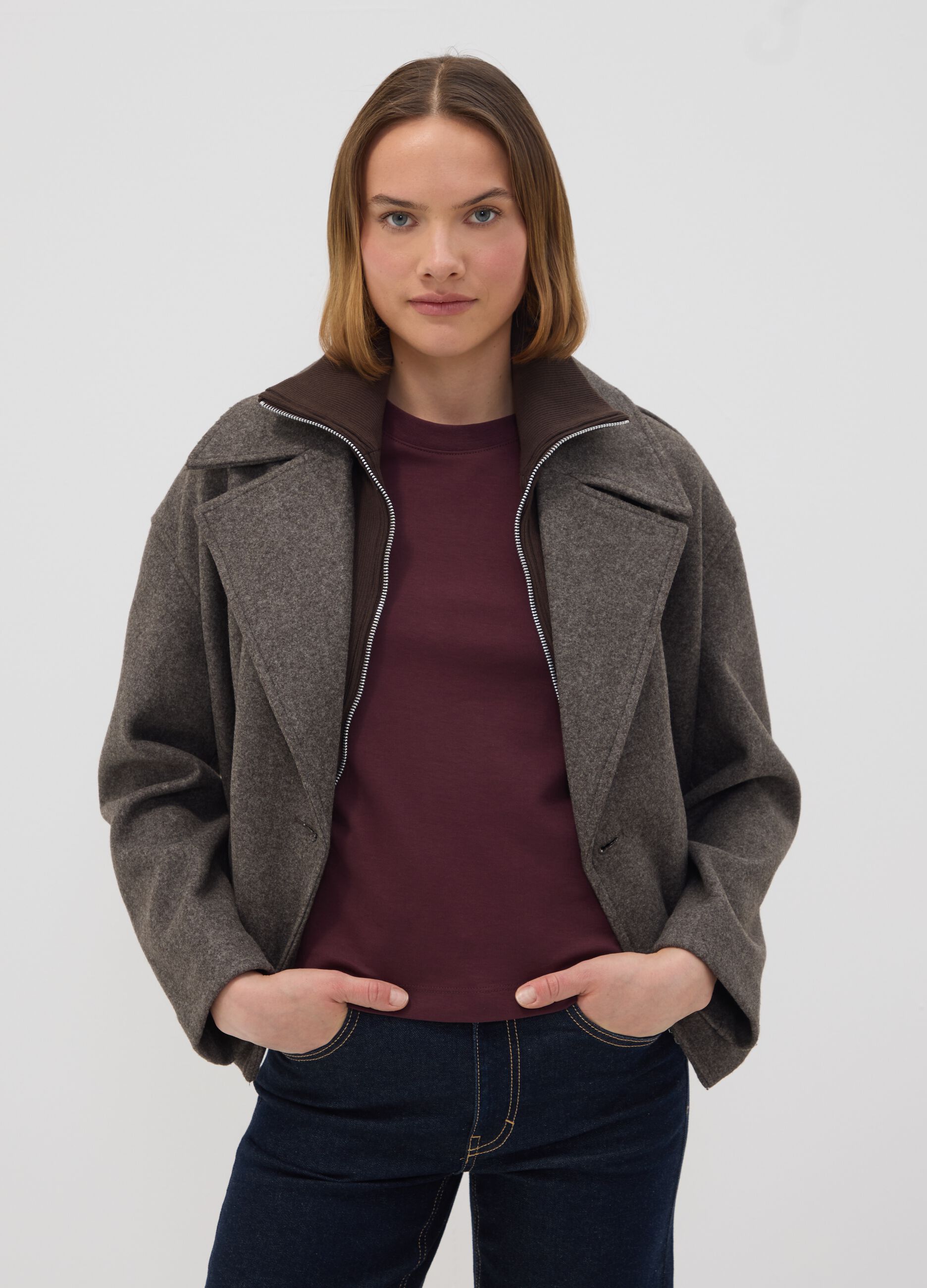Giacca grigia doppiopetto regular fit con zip e bottoni
