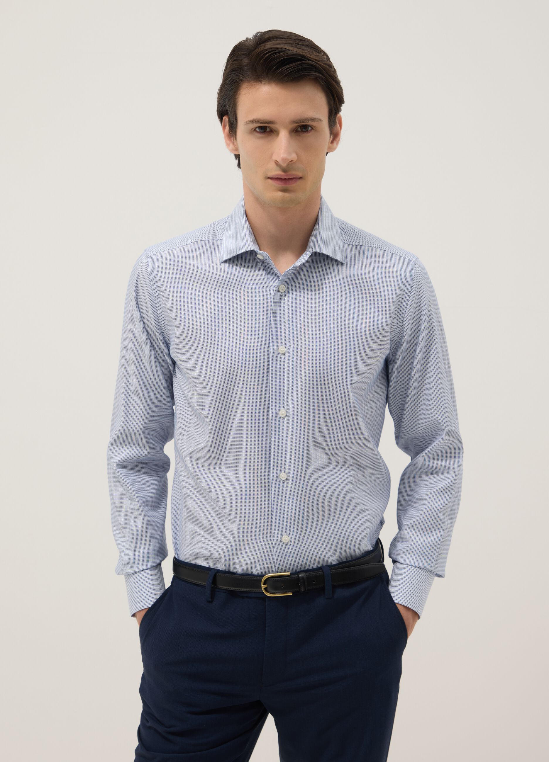 Light blue slim fit cotton shirt with micro-checks