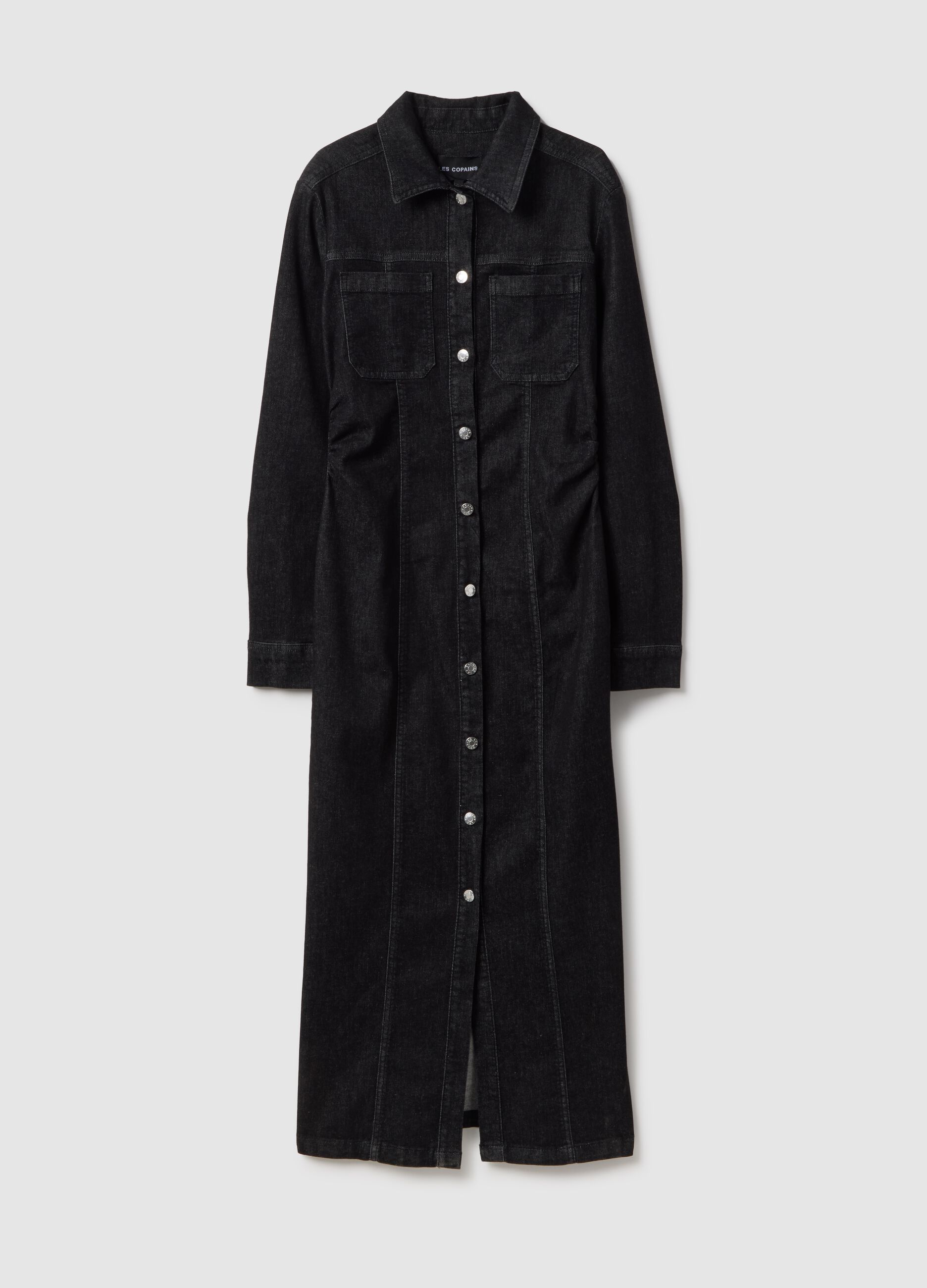 Schwarzes langes tailliertes Kleid aus Stretch-Baumwolle mit Kn&ouml;pfen