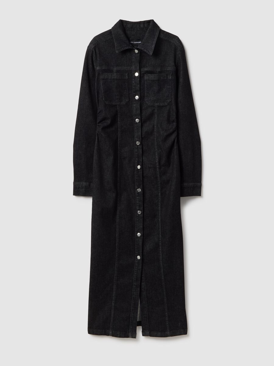 Black long fitted dress in stretch cotton with buttons_0