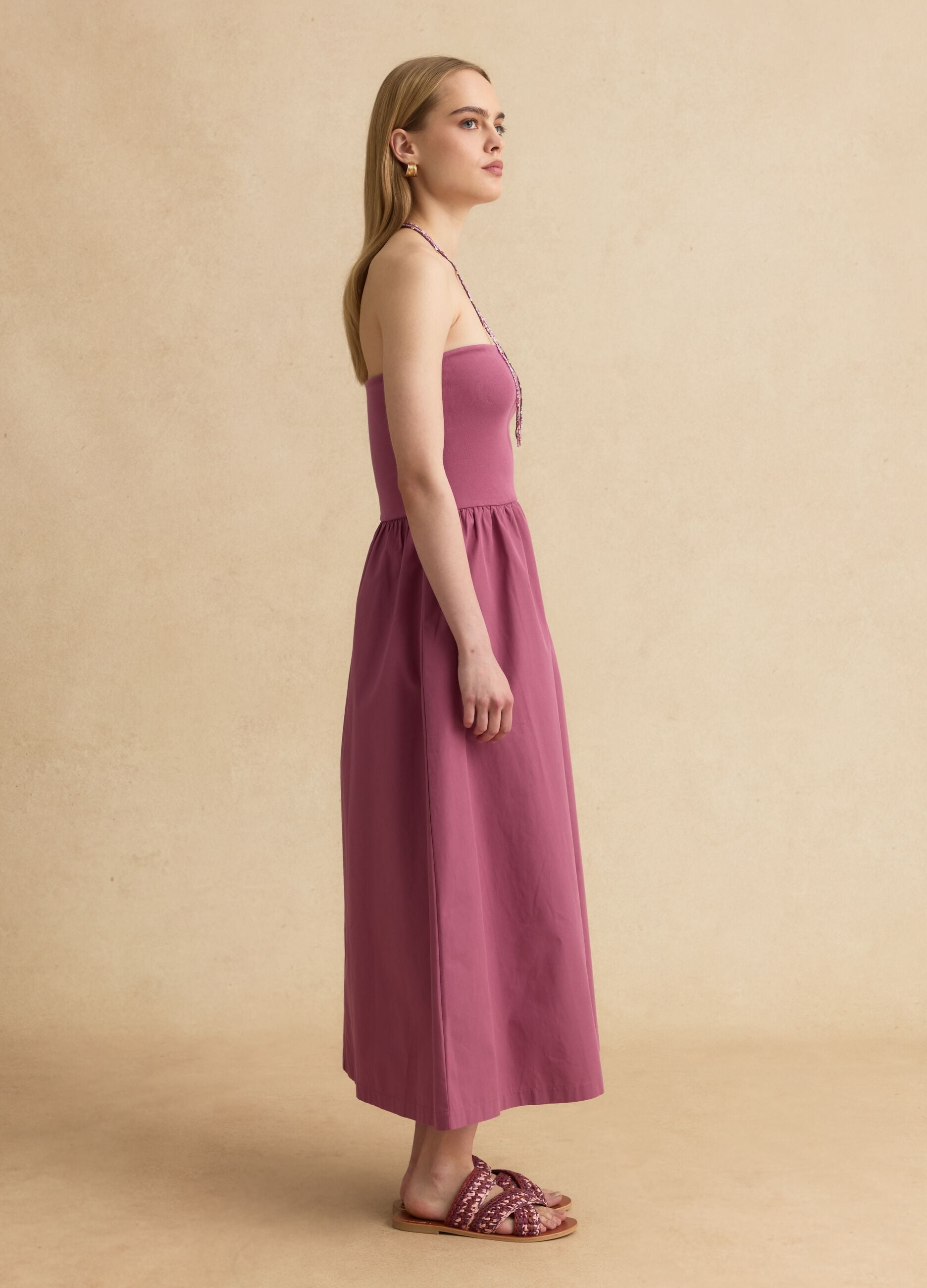Robe longue rose en coton stretch, coupe regular, sans bretelles