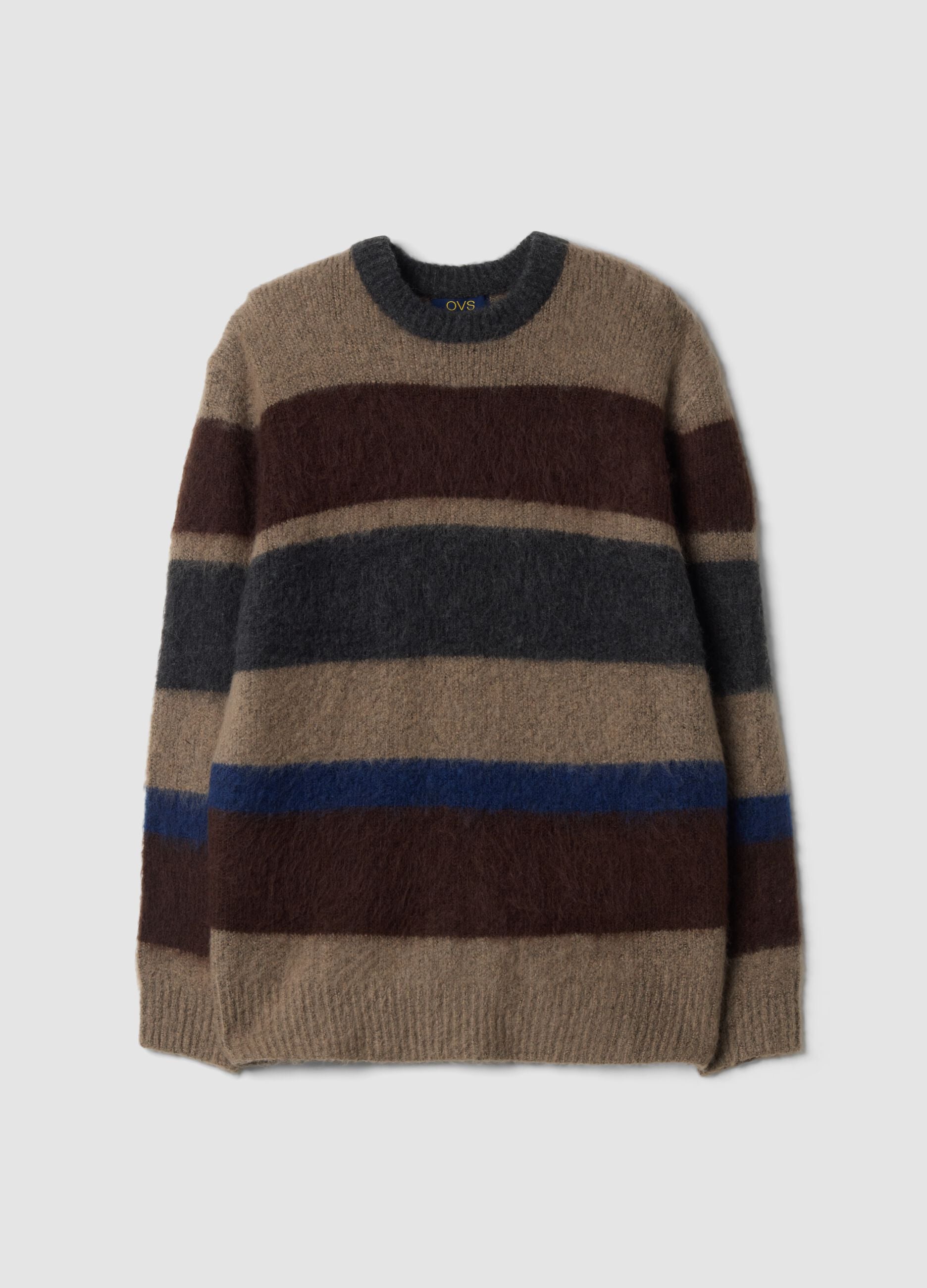Brown striped stretch wool crew-neck jumper, regular fit