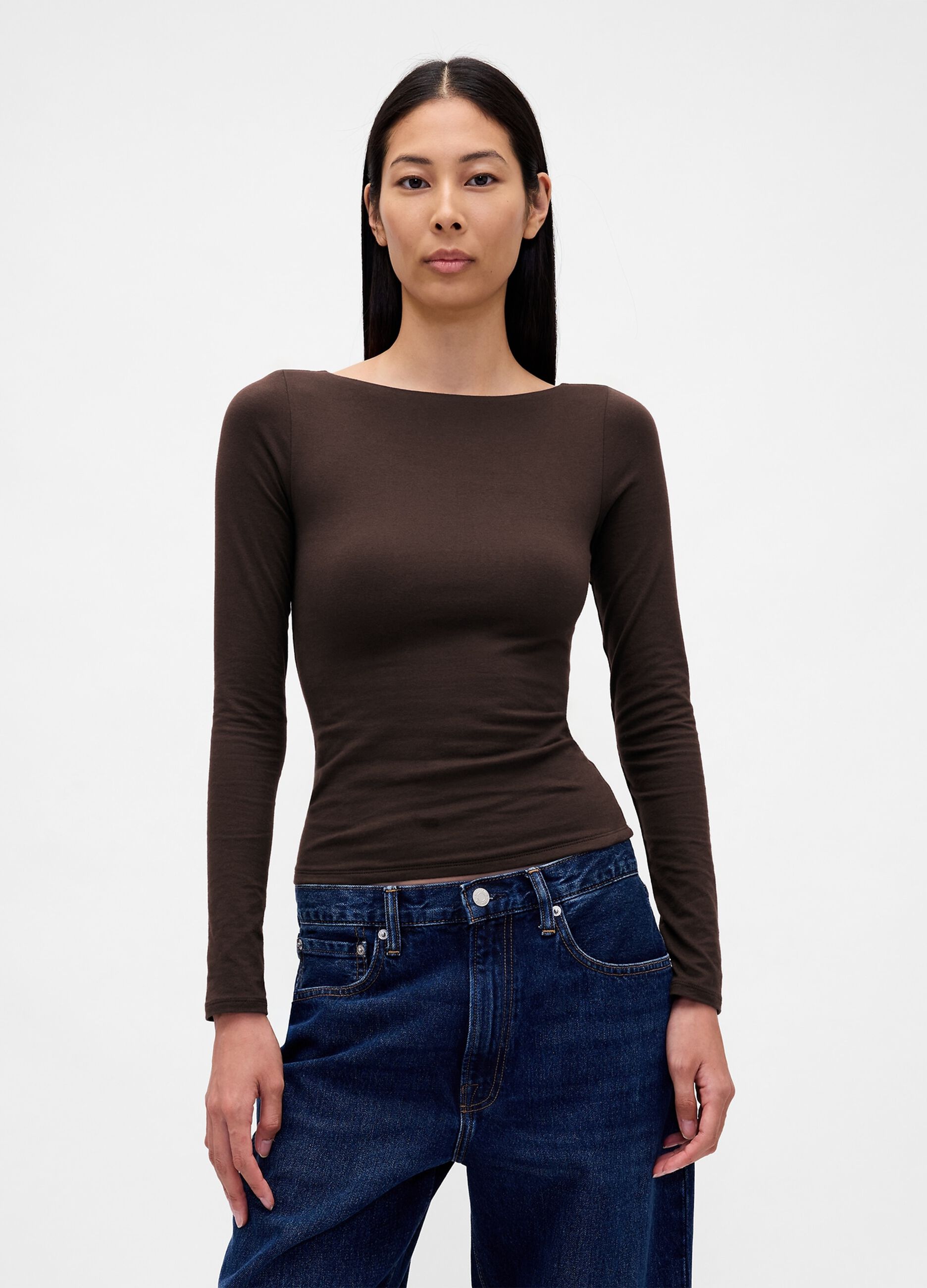 Brown Stretch Long Sleeve Top