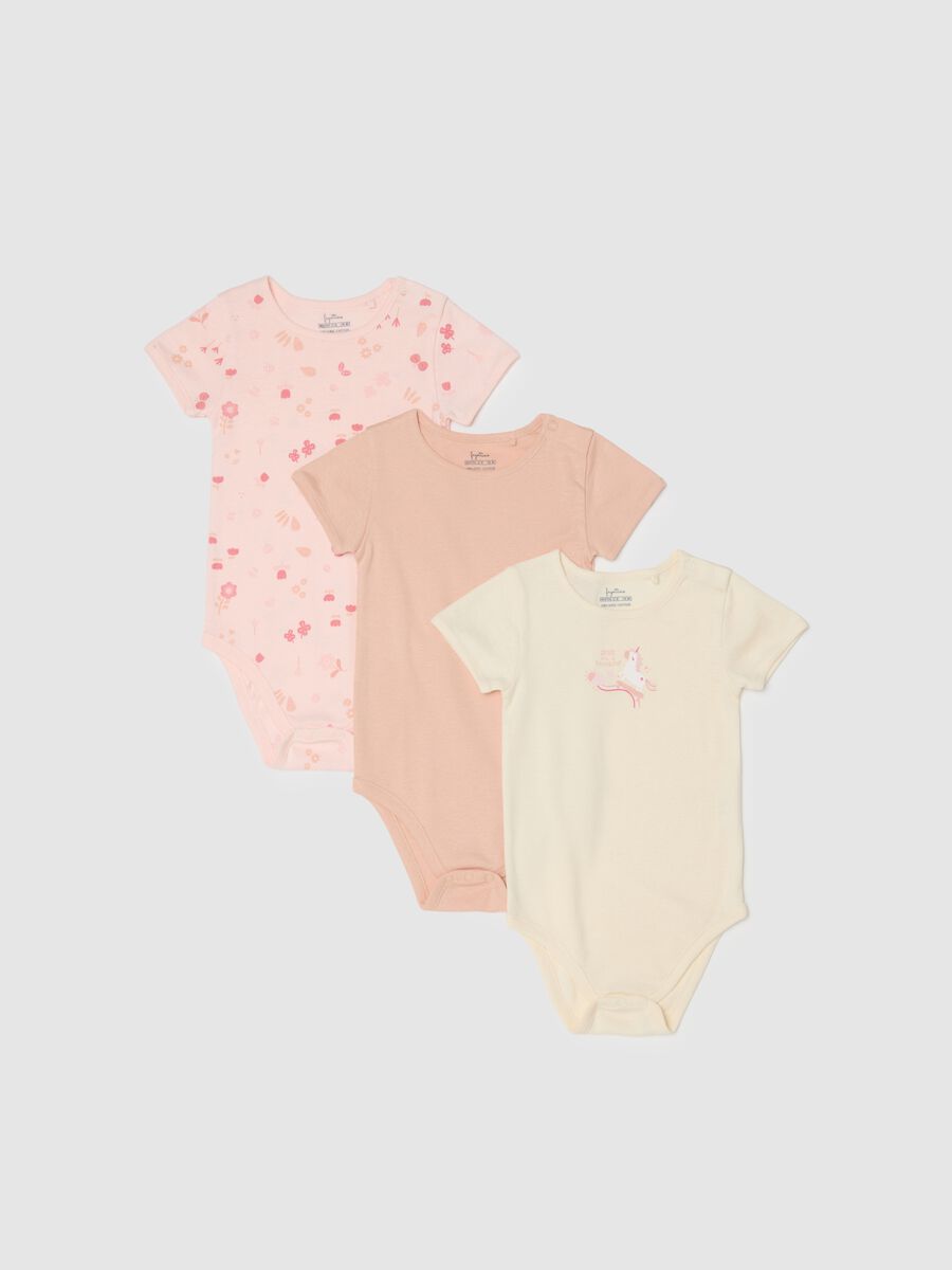 Multicolour short sleeve baby bodysuit tripack in pure cotton_0