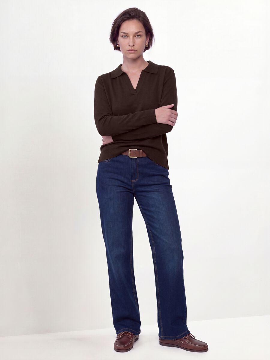 Brown viscose-blend polo-collar jumper with oversized fit_2