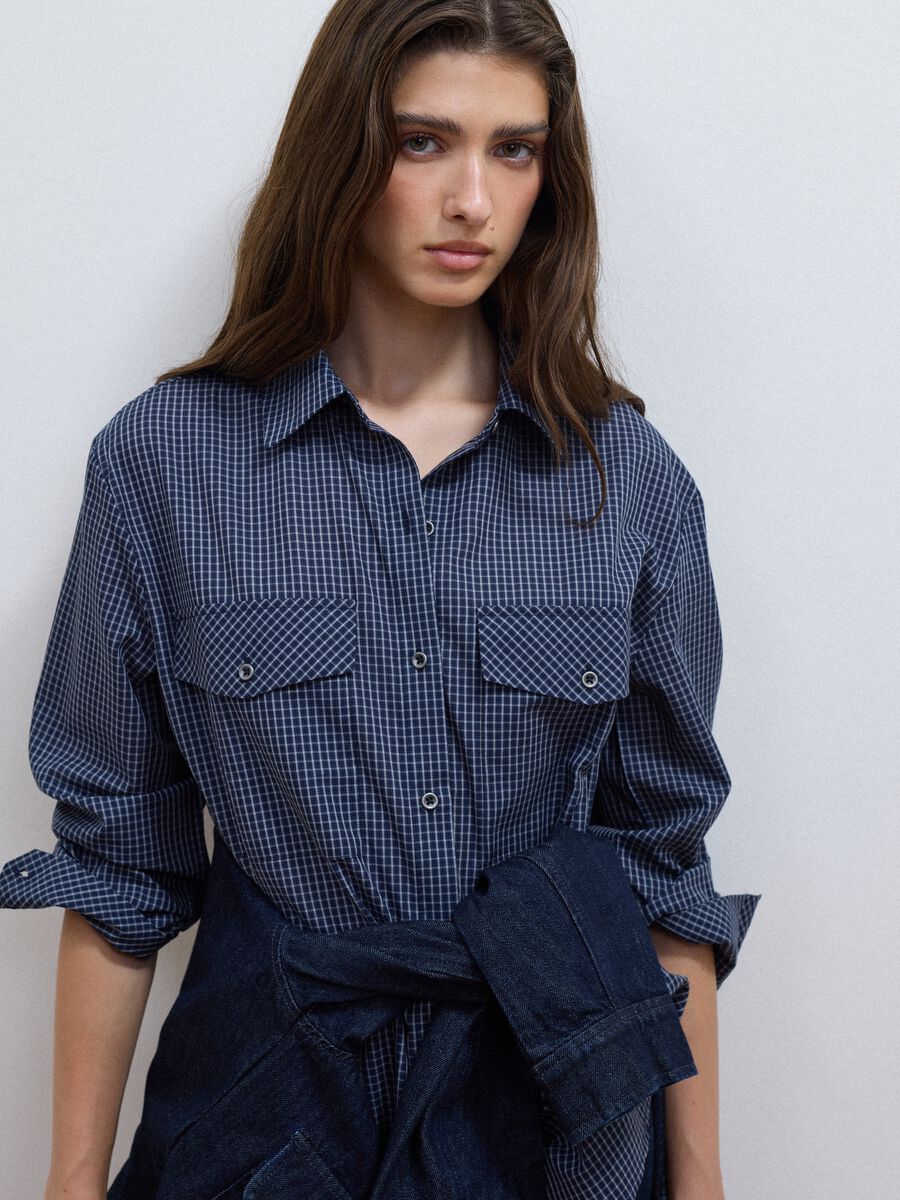 Blue checked regular-fit cotton and lyocell blend shirt_0