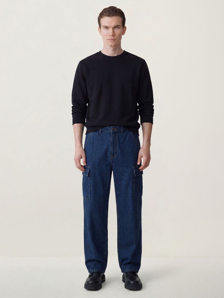 Dark blue pure cotton wide-leg cargo jeans_0