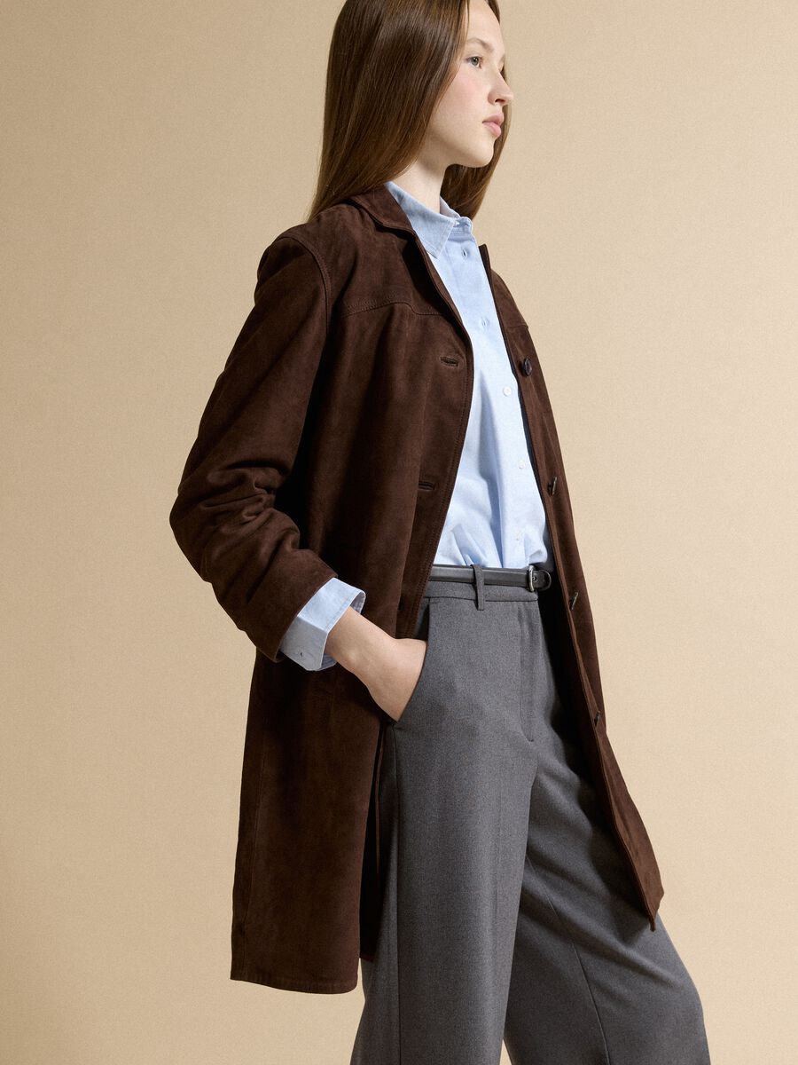 Long brown regular-fit genuine leather coat_1