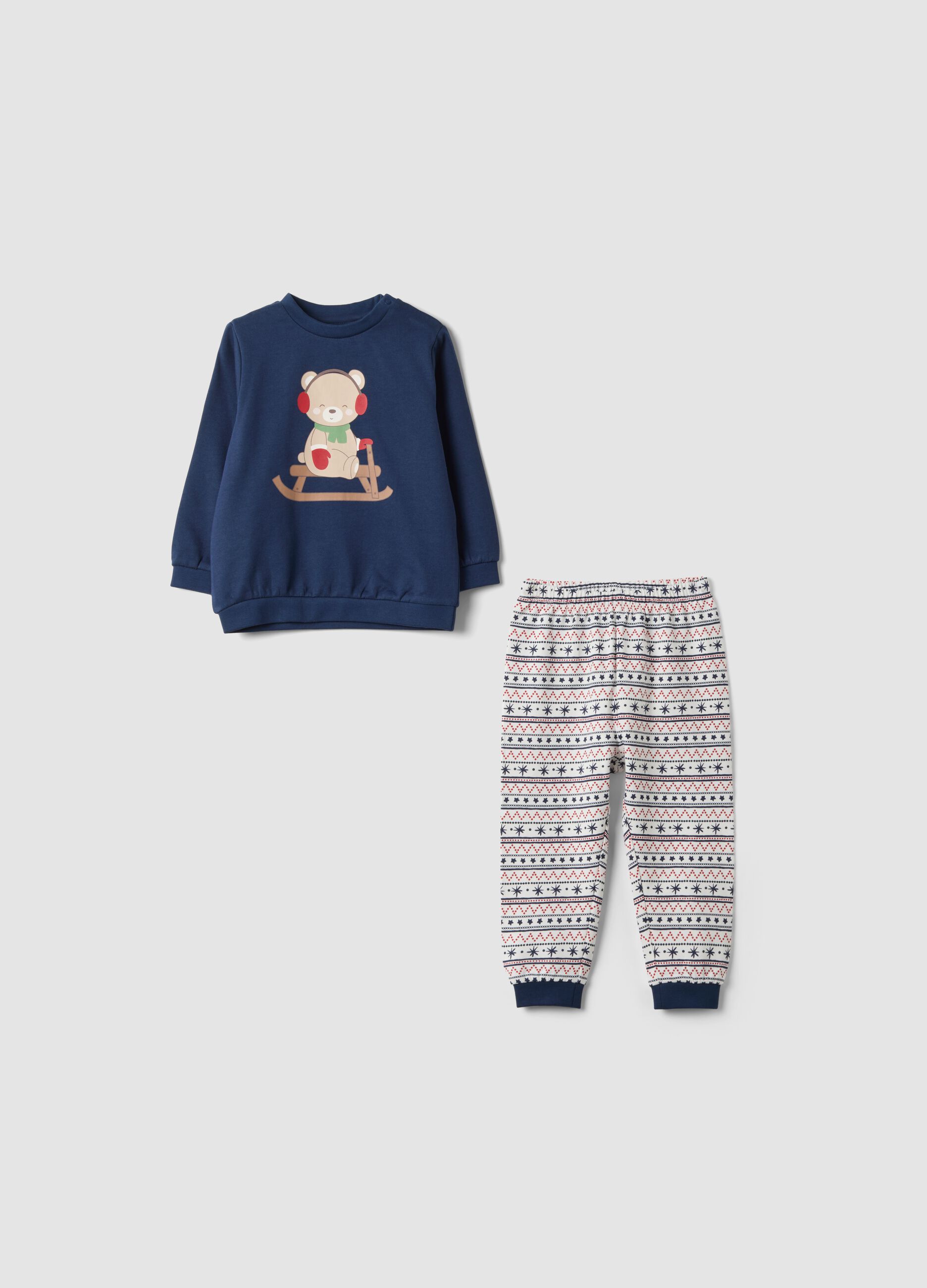 Navy blue pure cotton crew-neck pyjamas