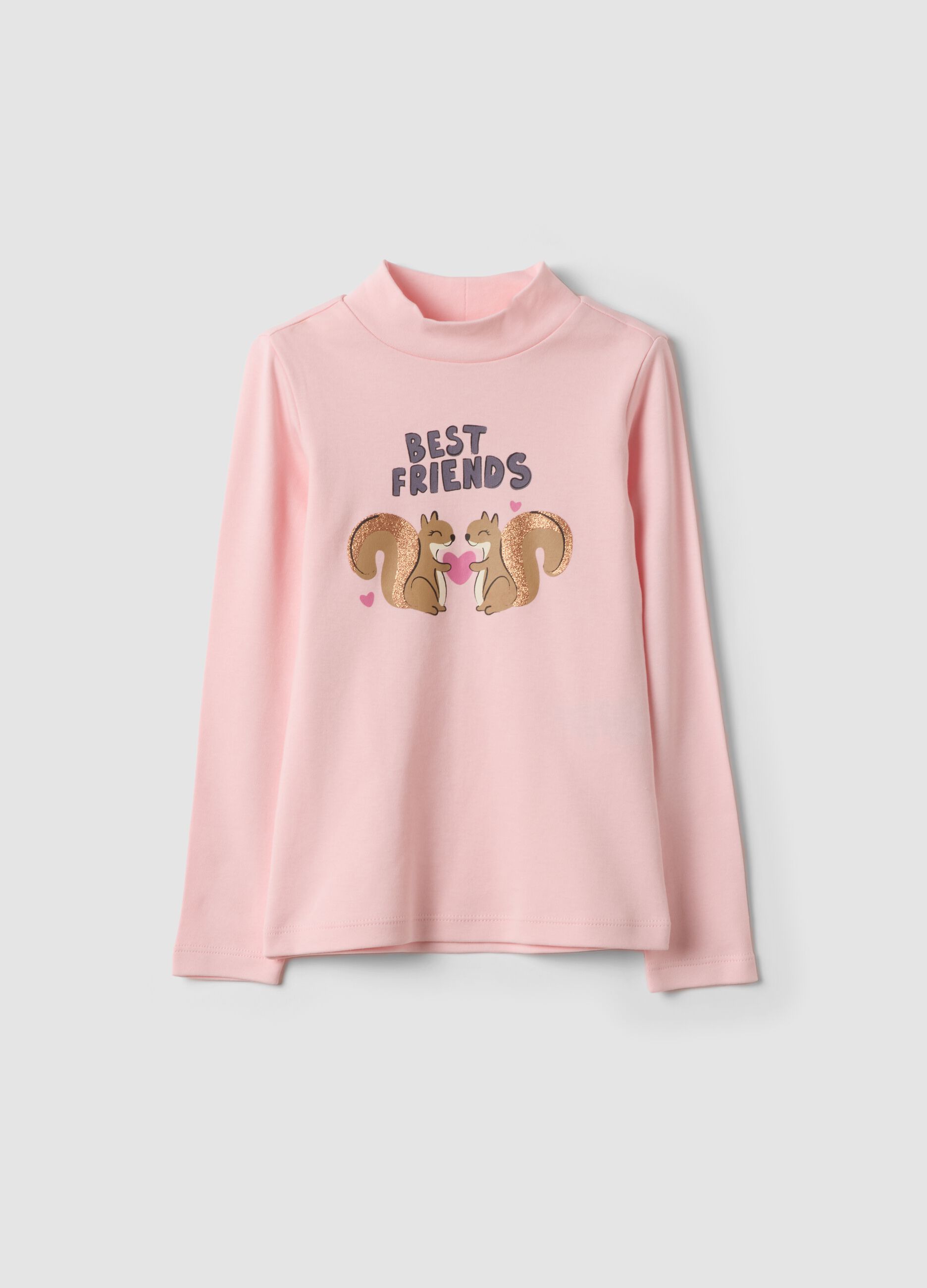 T-shirt rosa in puro cotone organico con collo rialzato e stampa animaletti